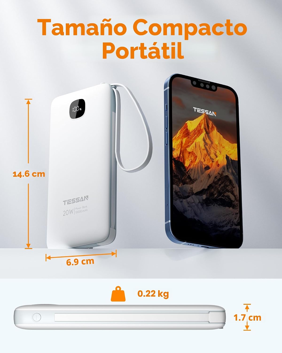 Cargador portátil con cables integrados, cargador de batería TESSAN...