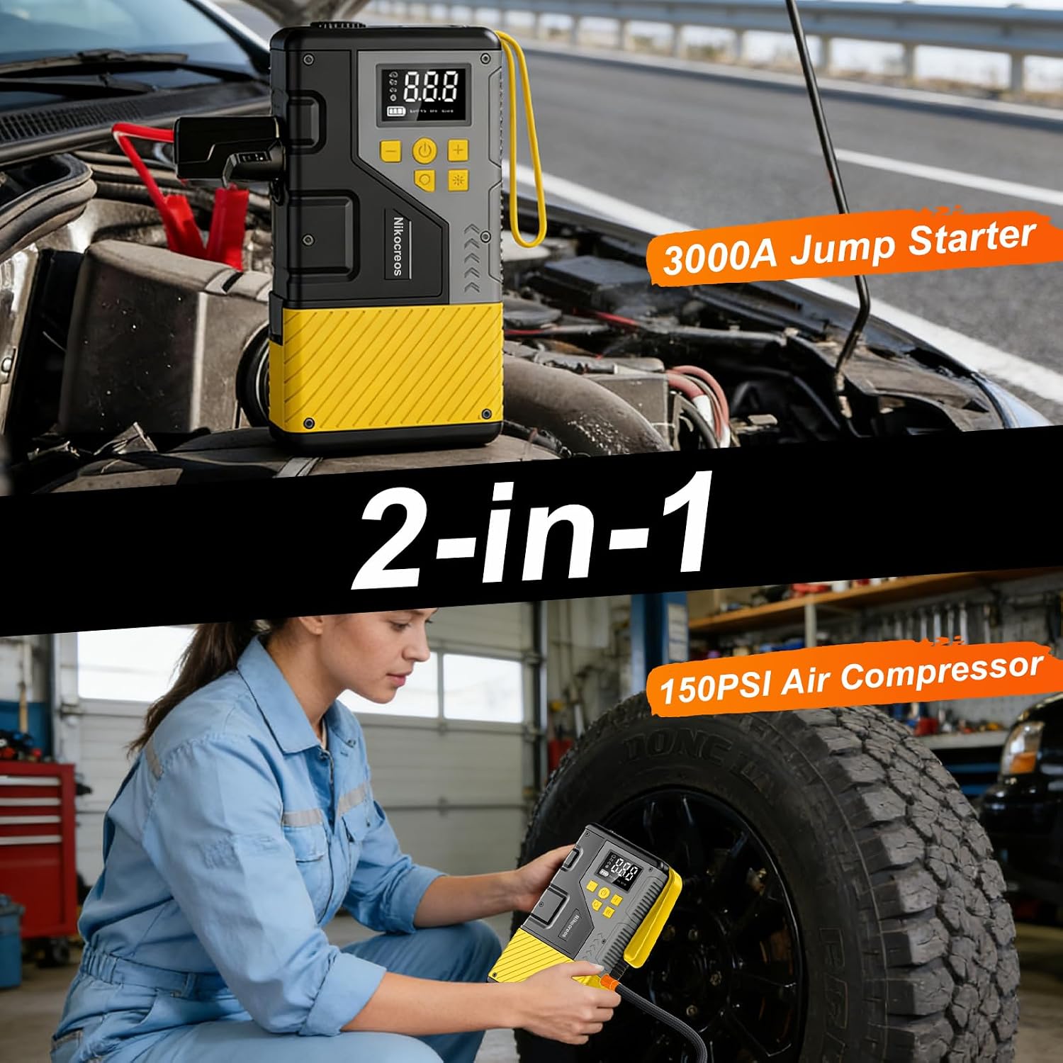 Arrancador portátil para auto con compresor de aire para emergencia...