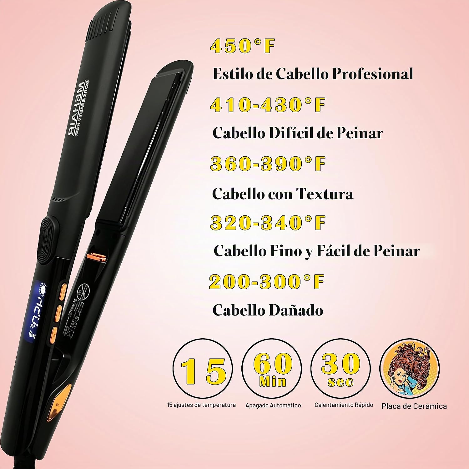 Rizador alisador de pelo de hierro plano MBHAIR 2 en 1, cerámica 1\...