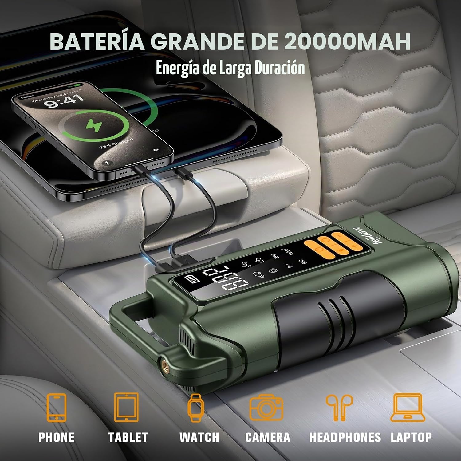 Arrancador con compresor de aire, batería de coche de 6000 A, bater...