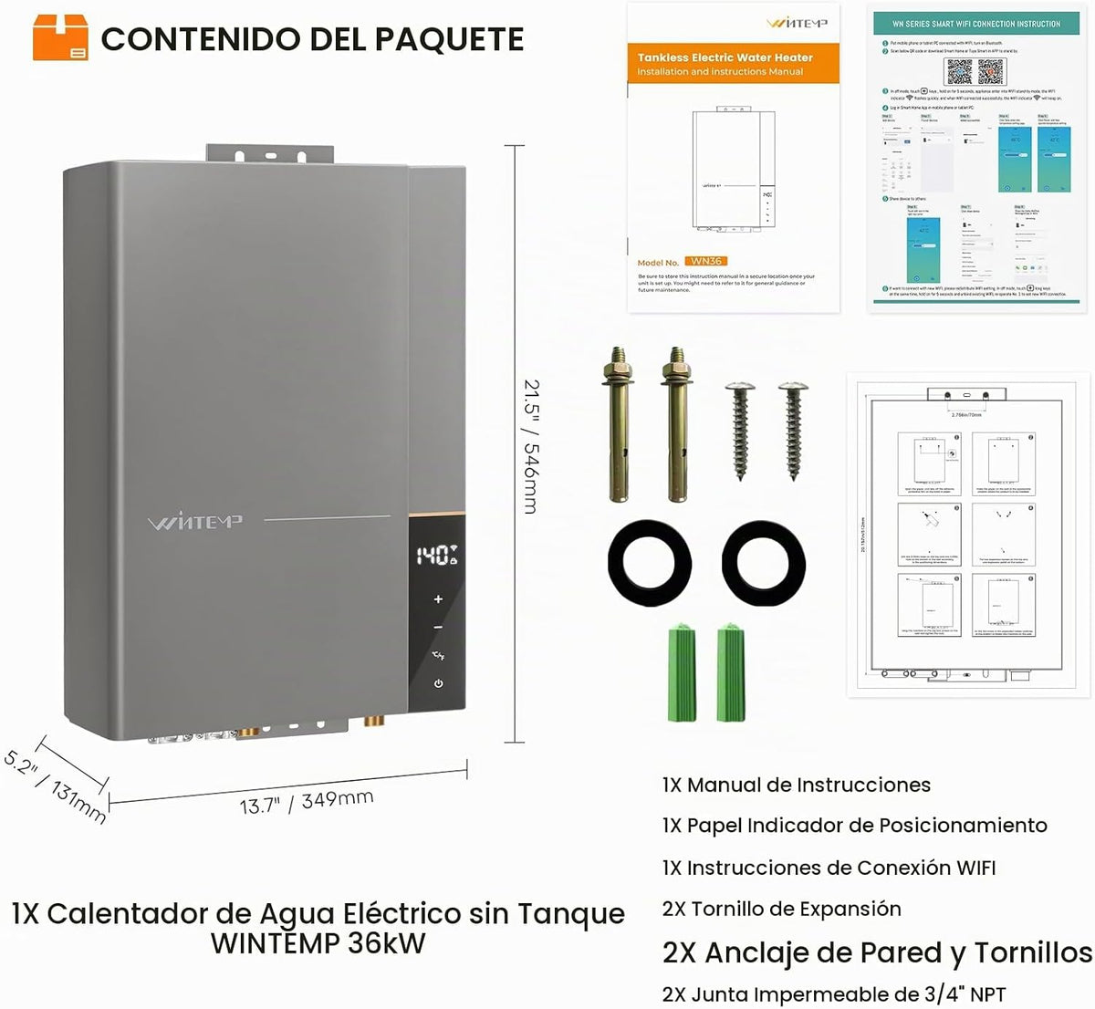 WINTEMP Calentador de agua eléctrico sin tanque de 36kW 240V ETL |...