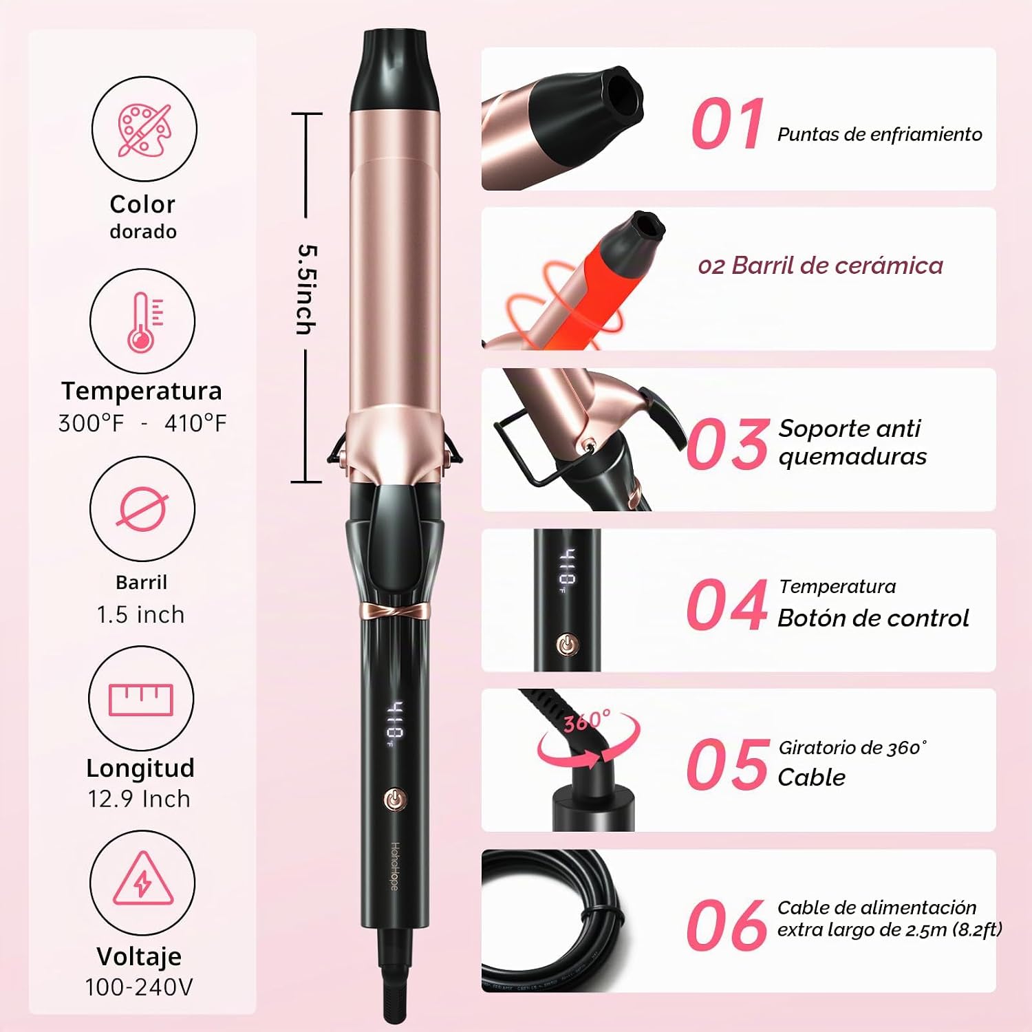 Hahahope Rizador profesional de 1 1\/2 pulgadas con abrazadera, var...