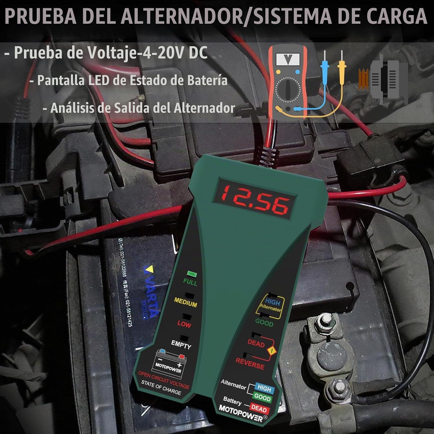 MOTOPOWER Probador de batería digital de 12 V, voltímetro y alterna...