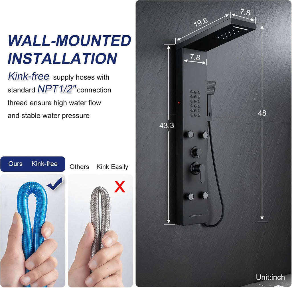 ROVATE Panel de ducha LED 5 en 1, color negro mate | Torre de ducha...