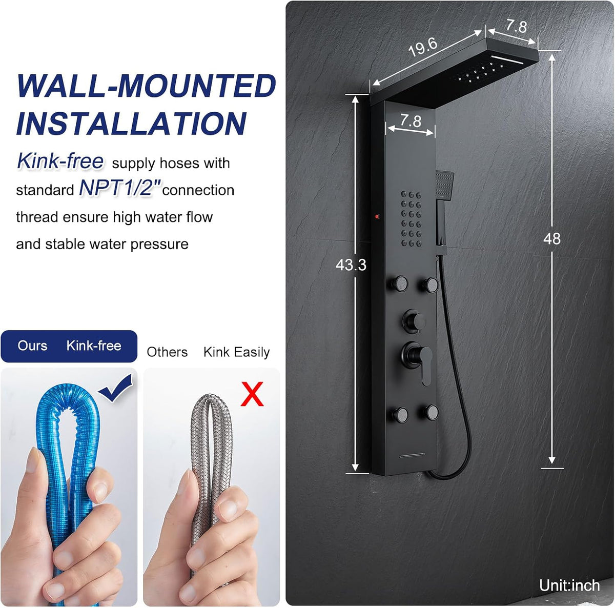 ROVATE Panel de ducha LED 5 en 1, color negro mate | Torre de ducha...
