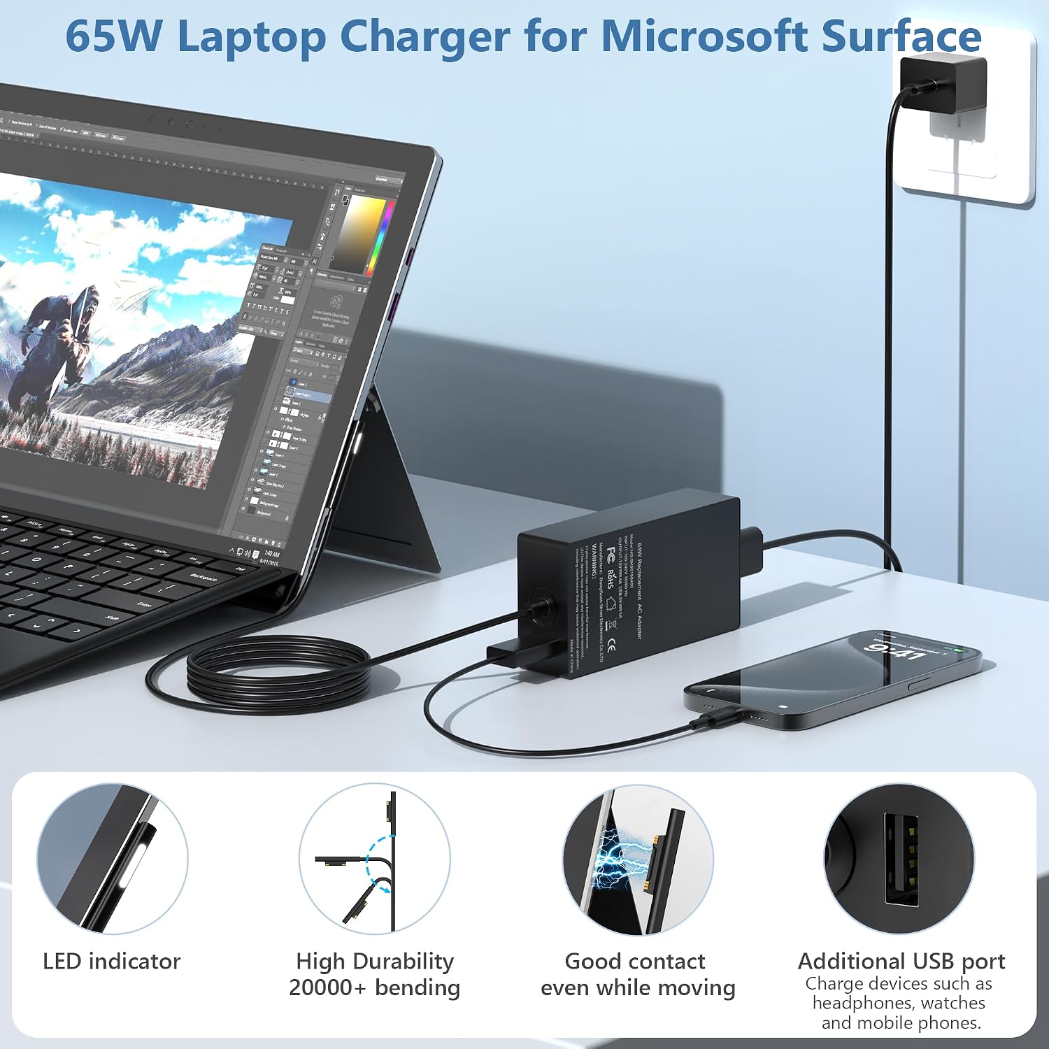 COWOOGMZ Cargador Surface Pro de 65 W compatible con Microsoft Surf...