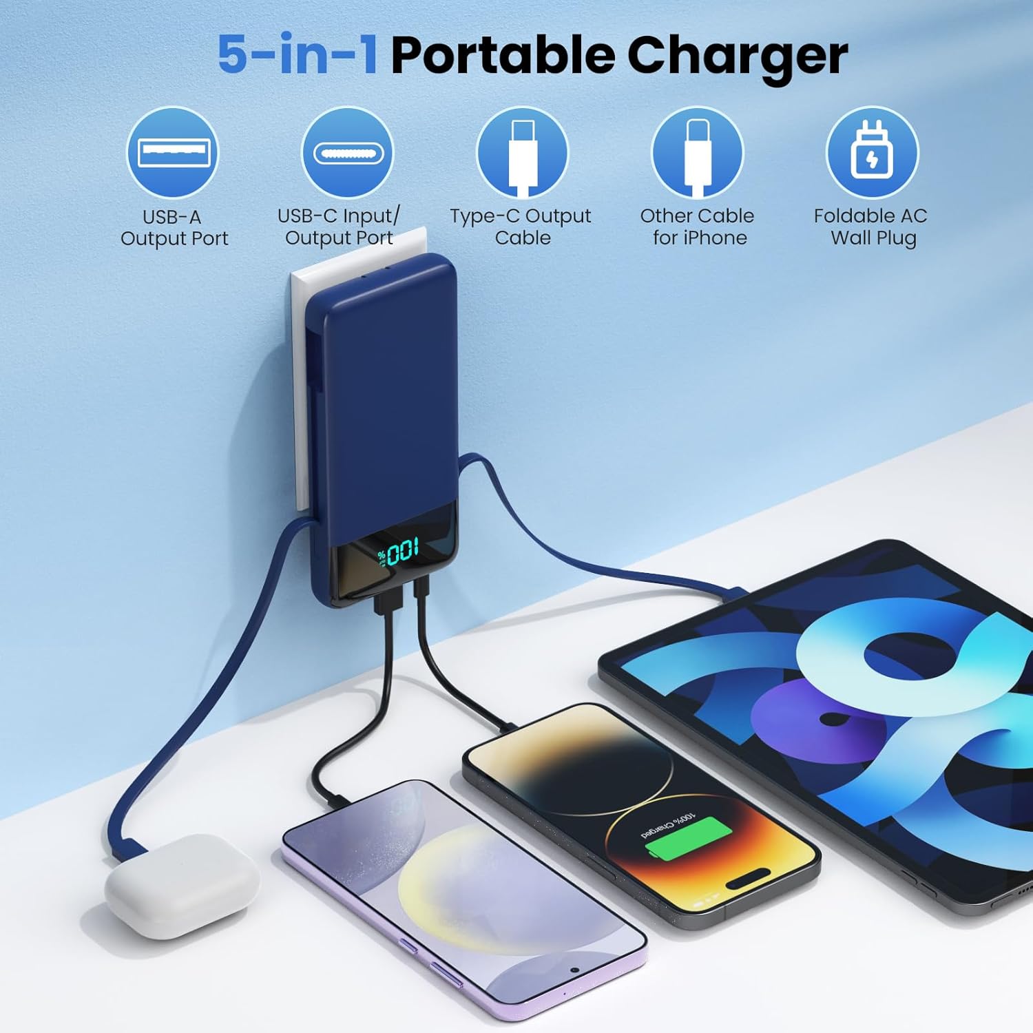 Cargador portátil para iPhone con cables integrados y enchufe de pa...