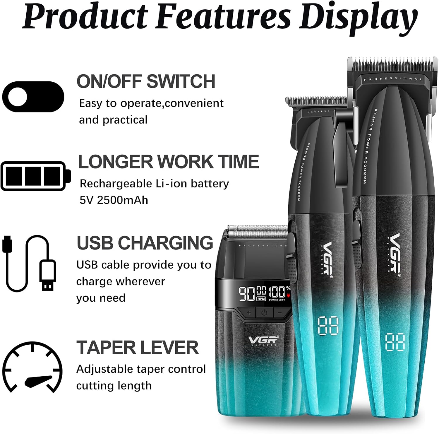 VGR 640S3 - Kit profesional de corte de cabello 3 en 1, 9000 rpm, c...