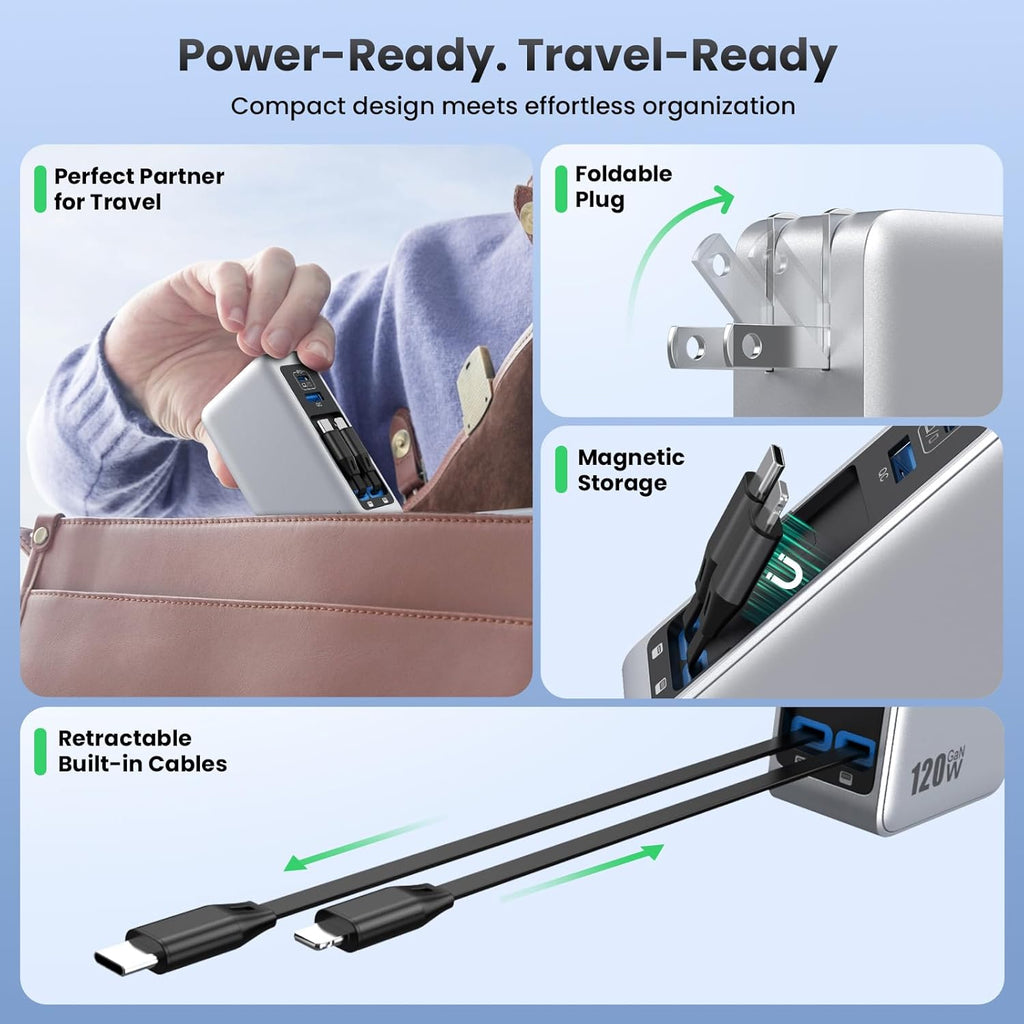 Bloque de cargador USB C de 120 W con 2 cables retráctiles integrad...