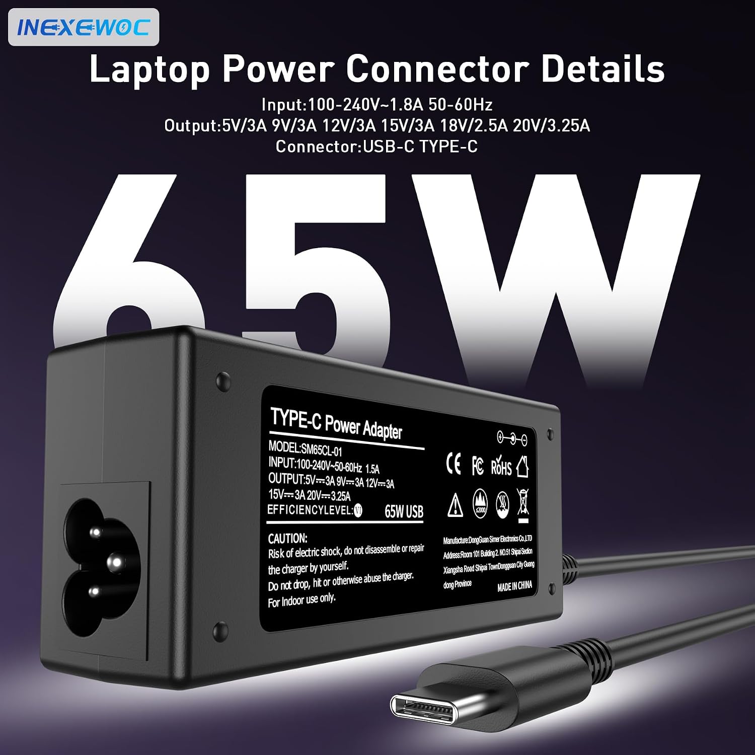 INEXEWOC Cargador universal USB C de 65 W para laptop compatible co...