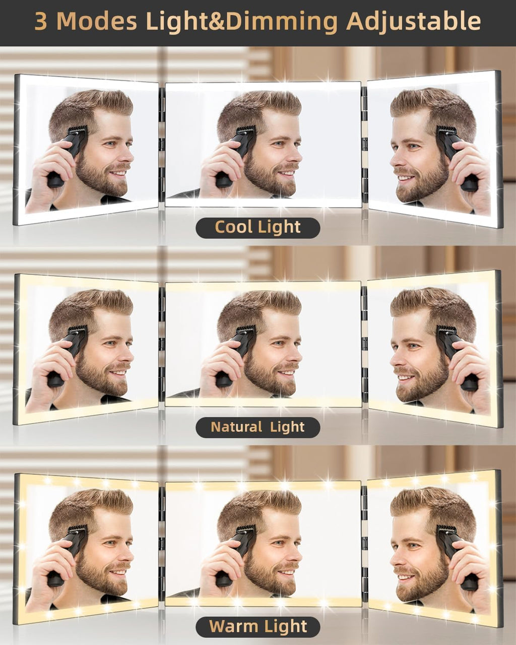 XIGETRAIL Espejo recargable de 3 vías para corte de pelo automático...