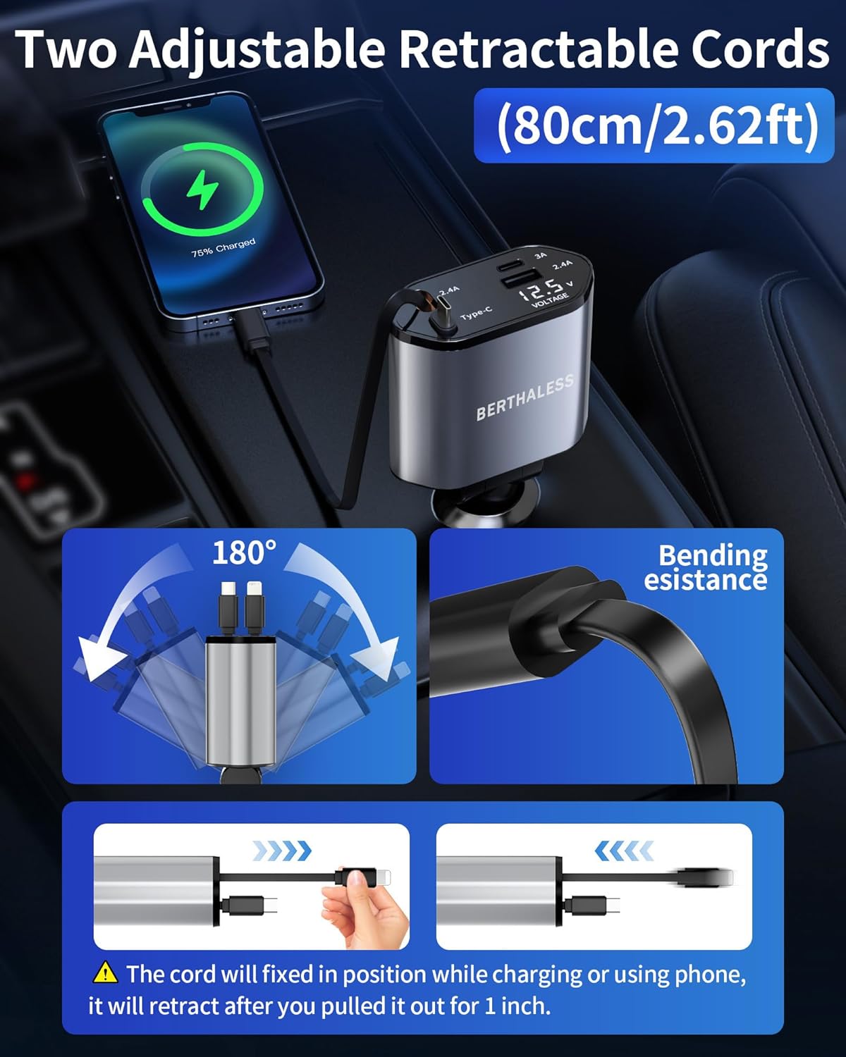 BERTHALESS Cargador retráctil para automóvil, cargador de coche 4 e...