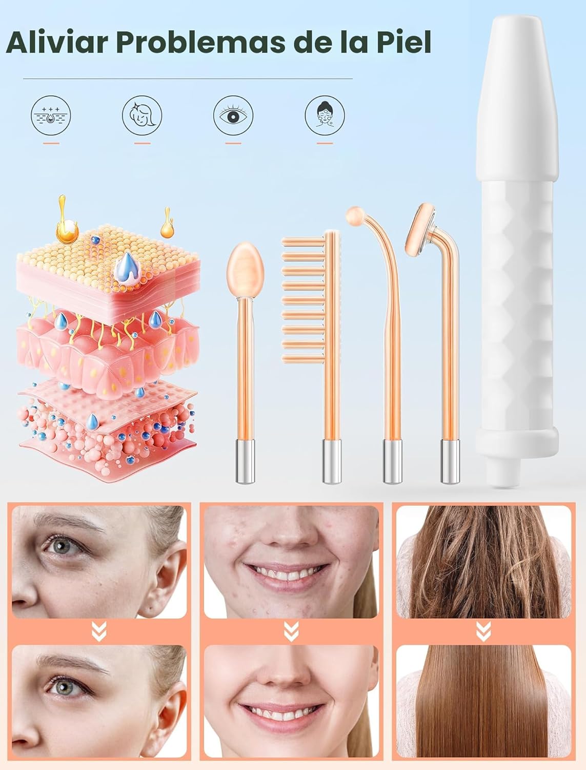 Varita de alta frecuencia, dispositivo facial portátil con 4 tubos...