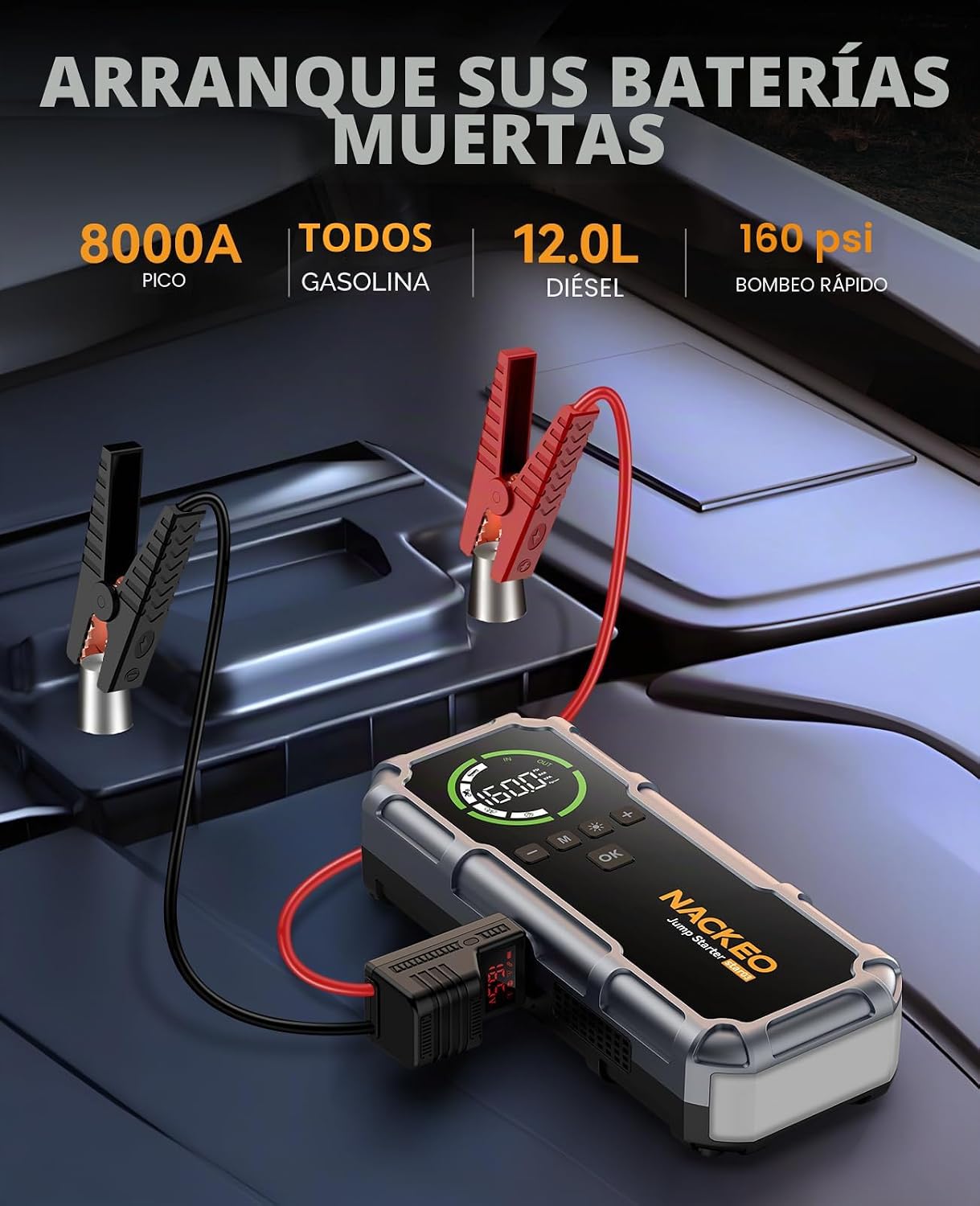 NACKEO Arrancador de batería de coche con compresor de aire 8000A 1...
