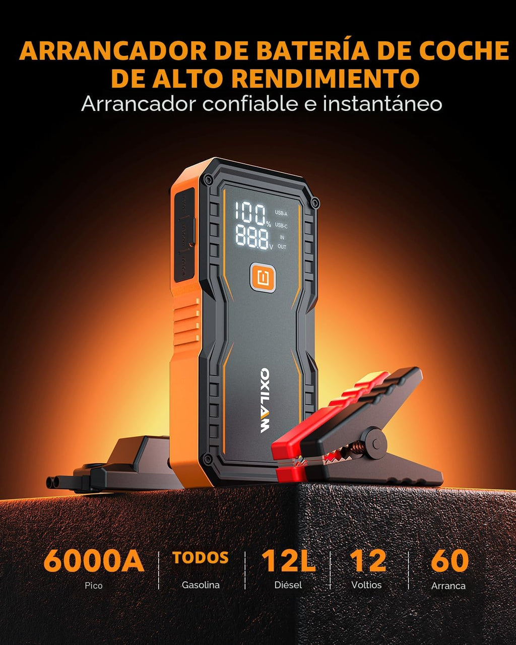 OXILAM Arrancador 6000A para Todo Gas\/12L Diésel, Arrancador de Ba...