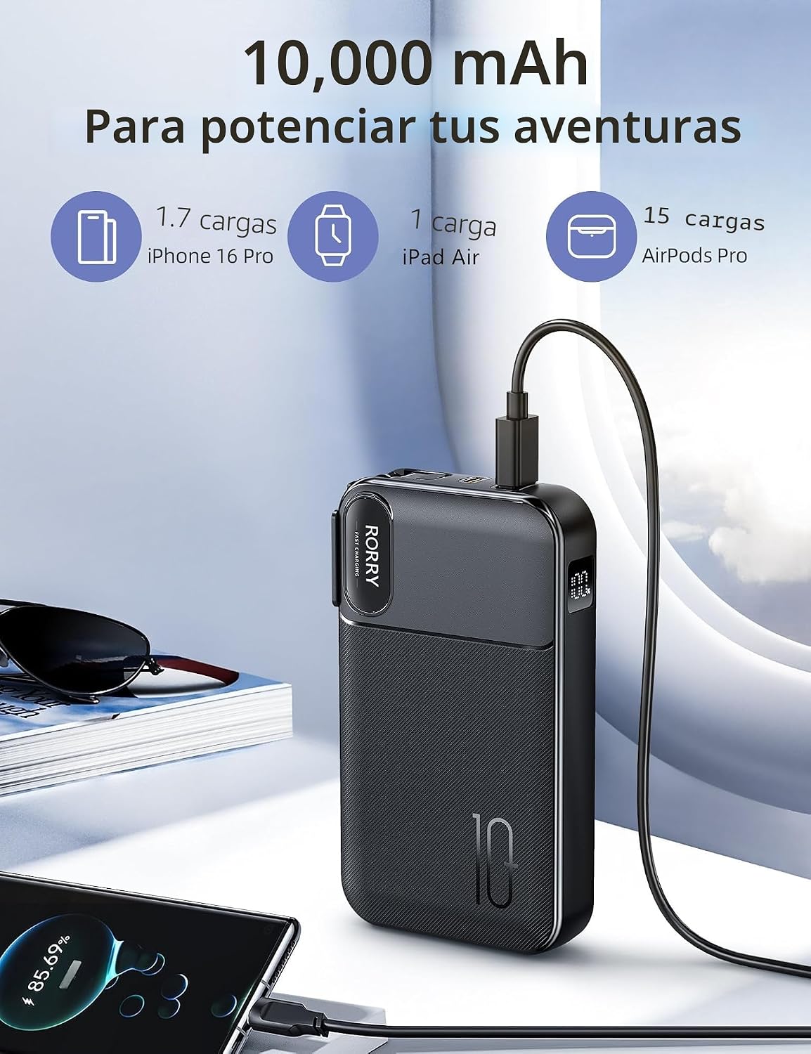RORRY Cargador portátil con cables incorporados, cargador de pared...