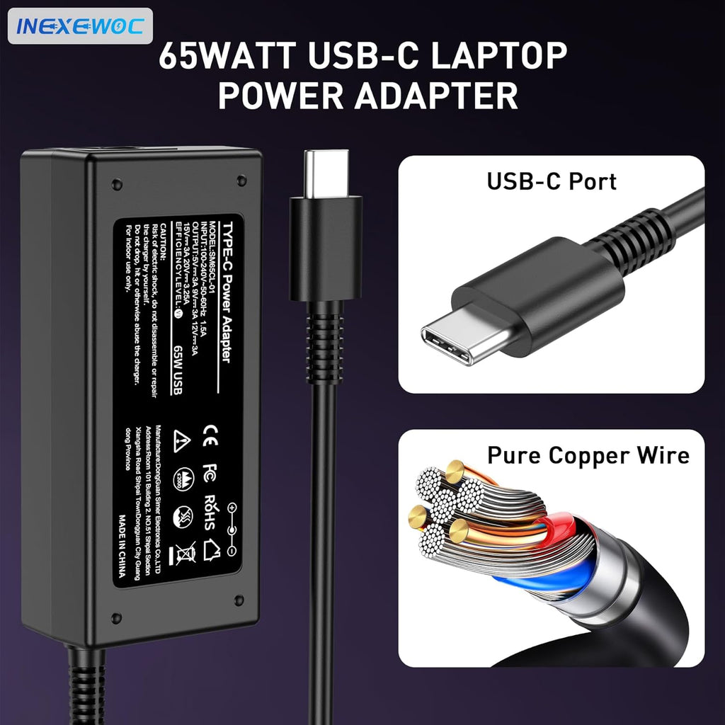 INEXEWOC Cargador universal USB C de 65 W para laptop compatible co...