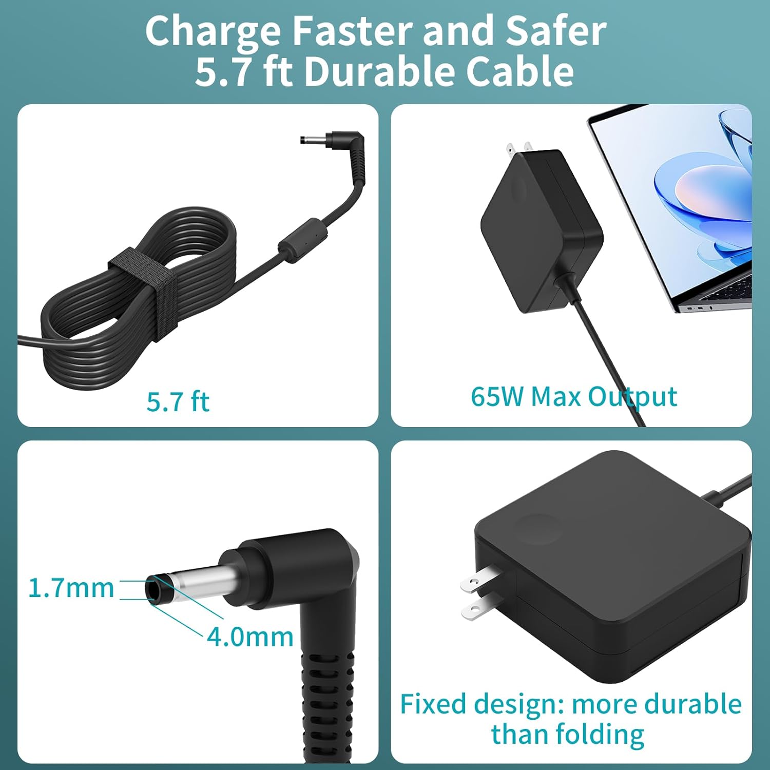 Cargador para portátil Lenovo de 65 W, cable de alimentación alarga...