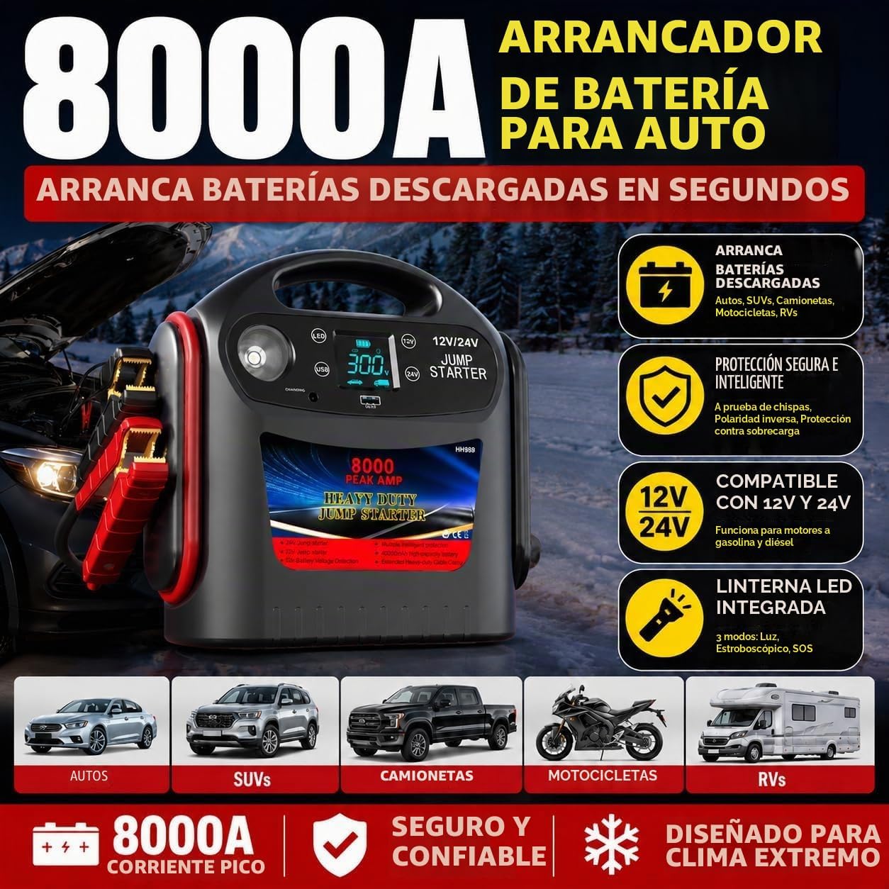 Arrancador de batería de coche de 8000 A, caja de salto resistente...