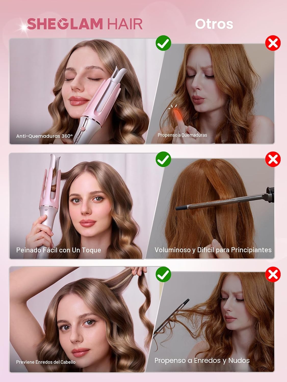 SHEGLAM Rizador de pelo rosa automático, regalo para mujer (Rosa, 1...