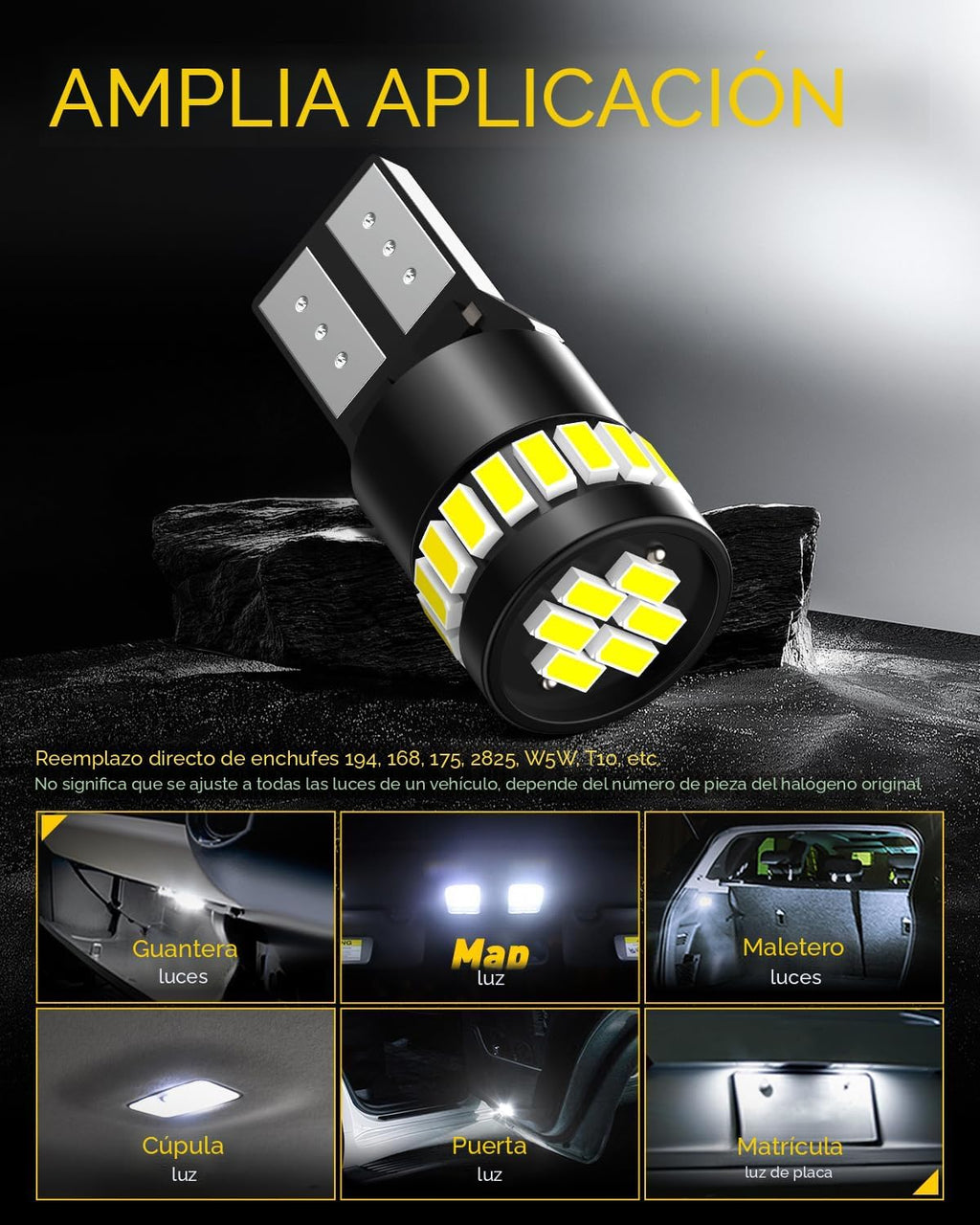 Bombillas LED superbrillantes tamaño 194 Auxito; 168, 2825, W5W, T1...