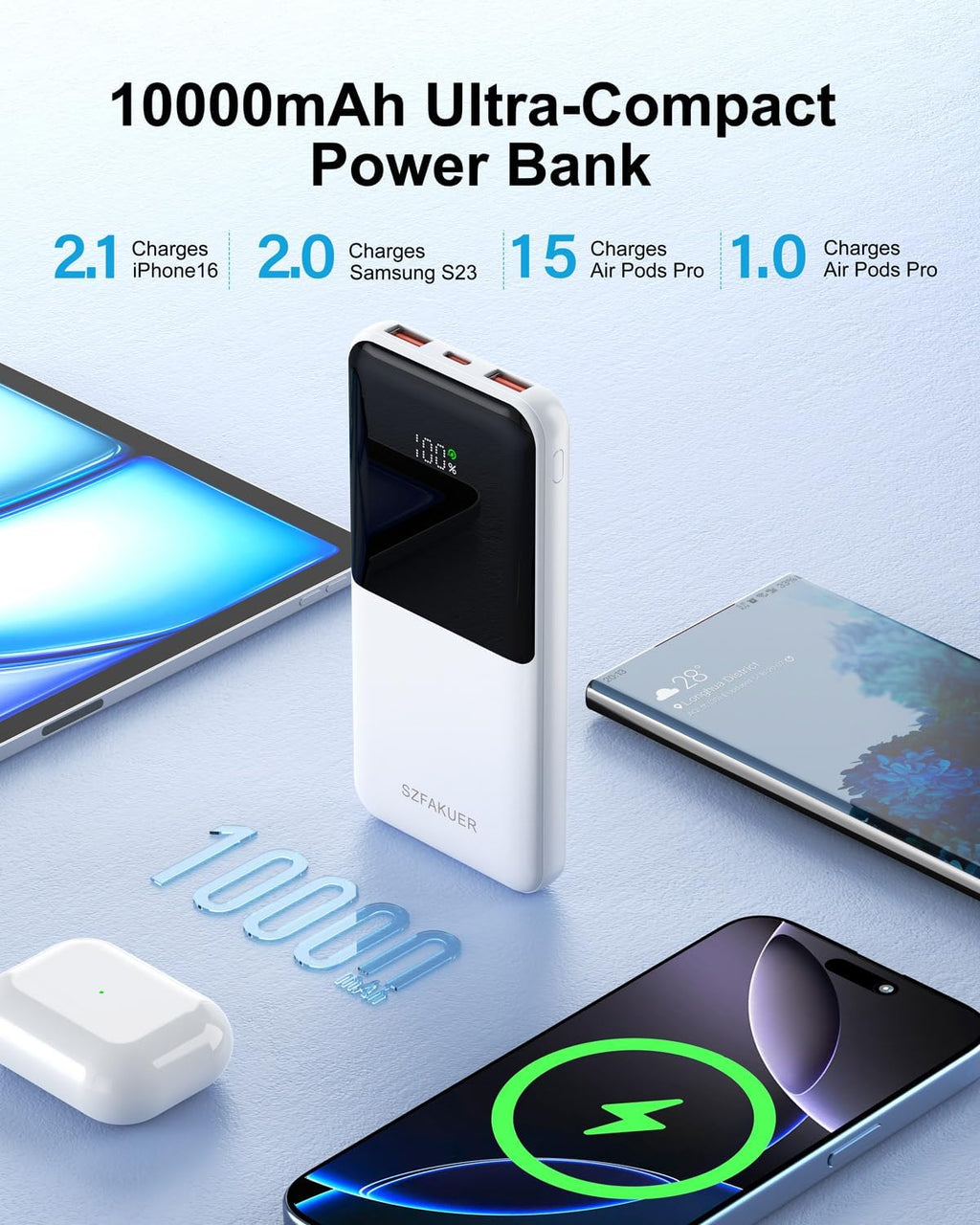 Szfakuer Cargador portátil, batería externa de 10000 mAh delgada, p...