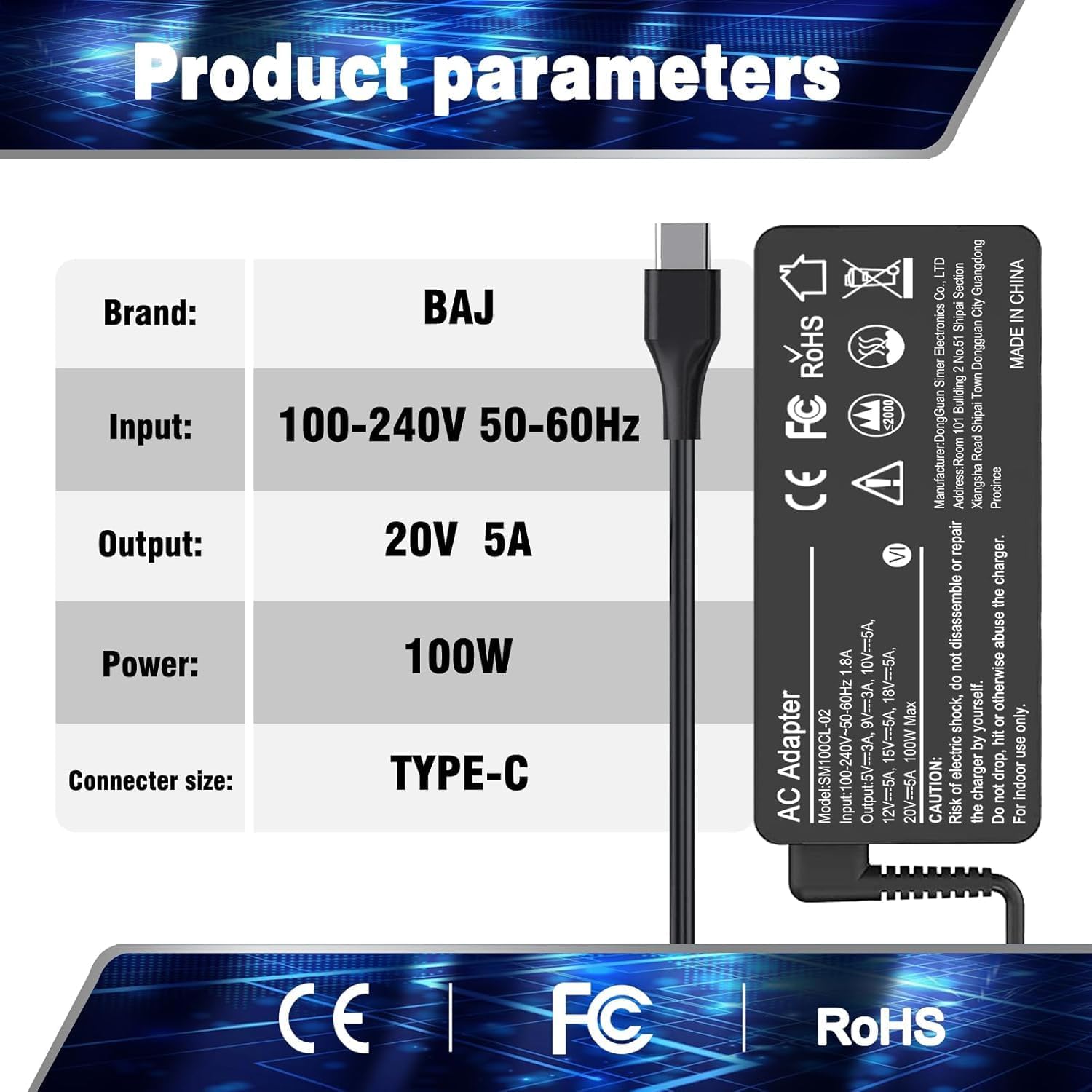 Cargador universal de 100W USB-C para portátil Lenovo, Acer, Dell,...