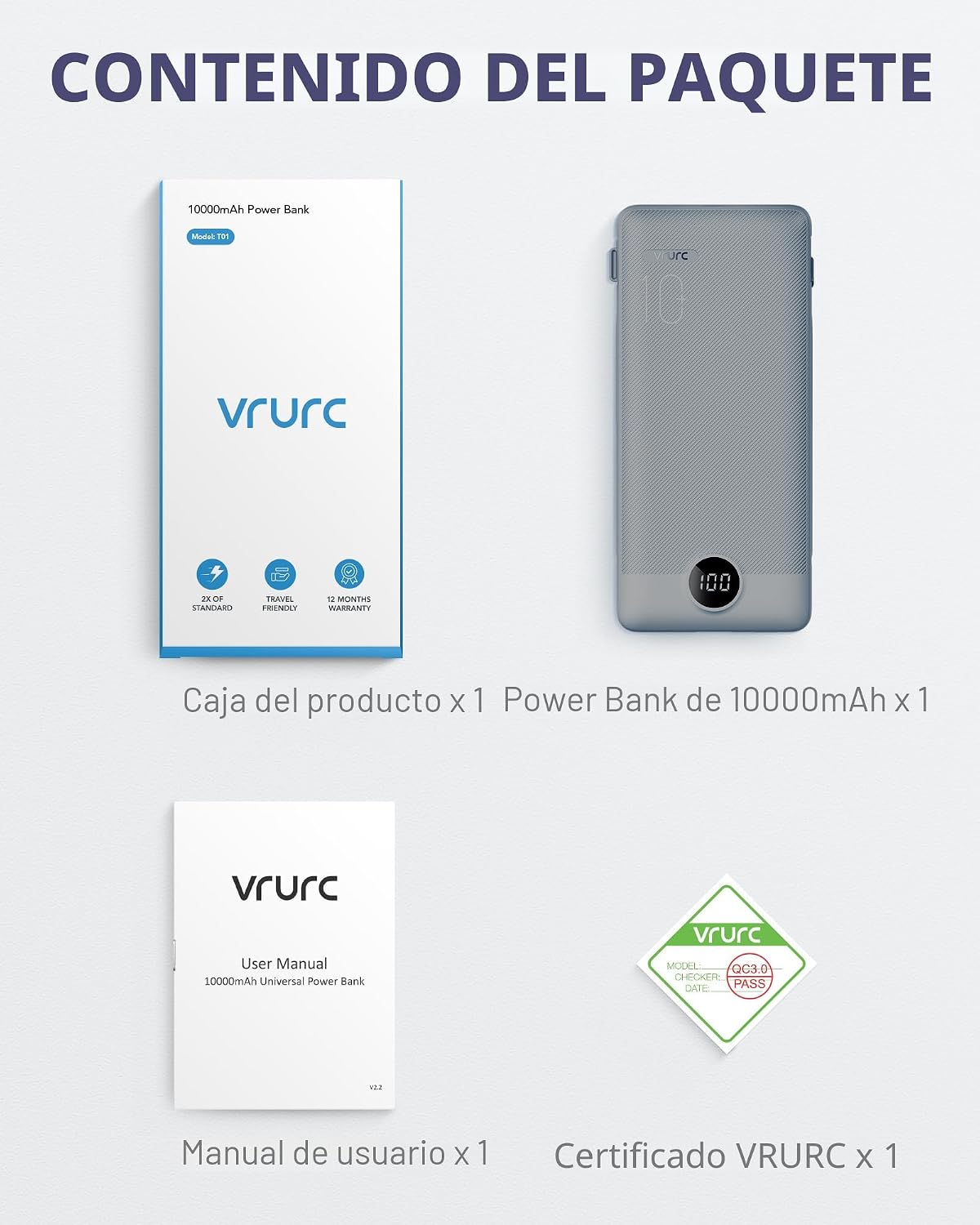 VRURC Cargador portátil con cables integrados y enchufe de pared AC...