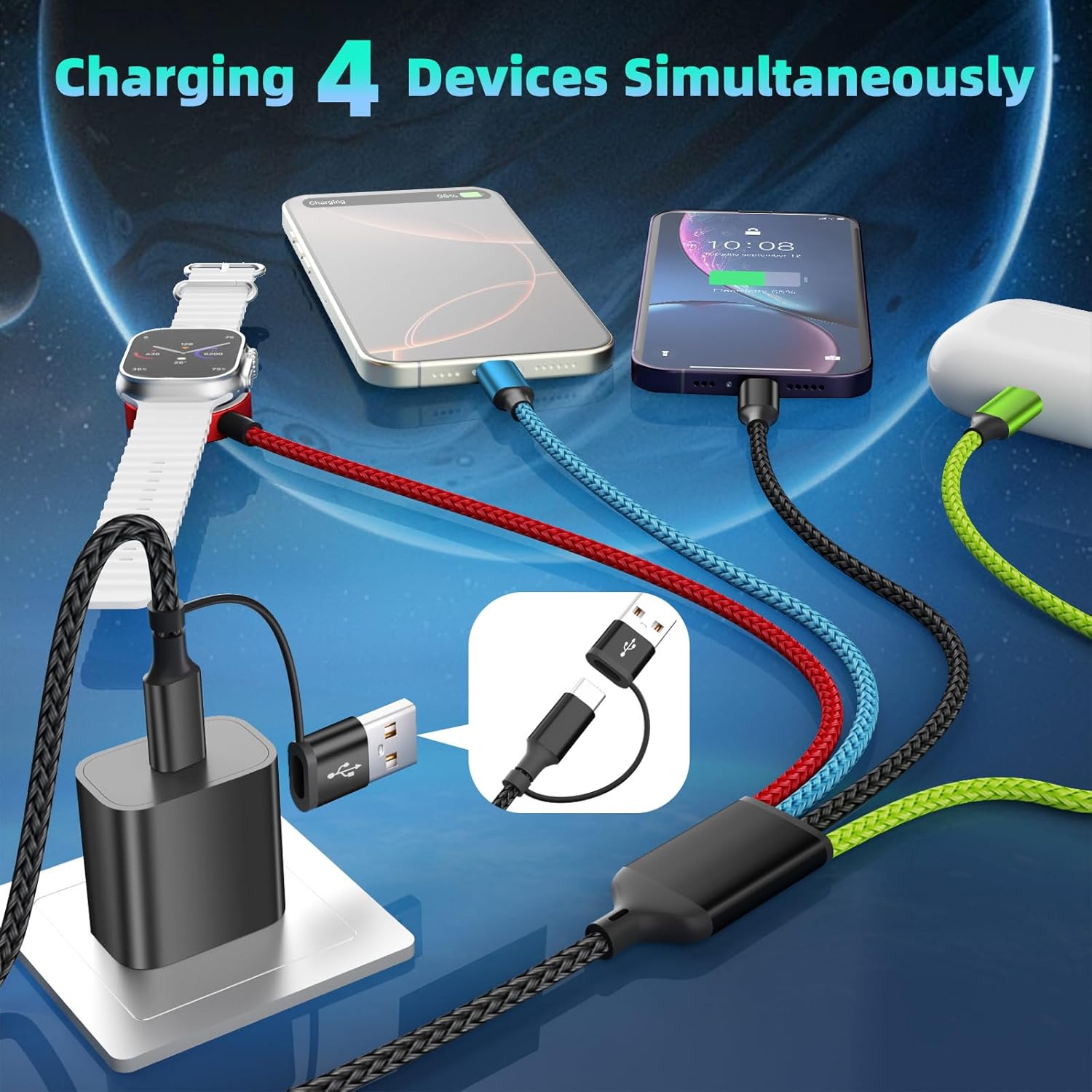 Firsting Travel Essentials - Cable de carga múltiple 4 en 2 para iW...