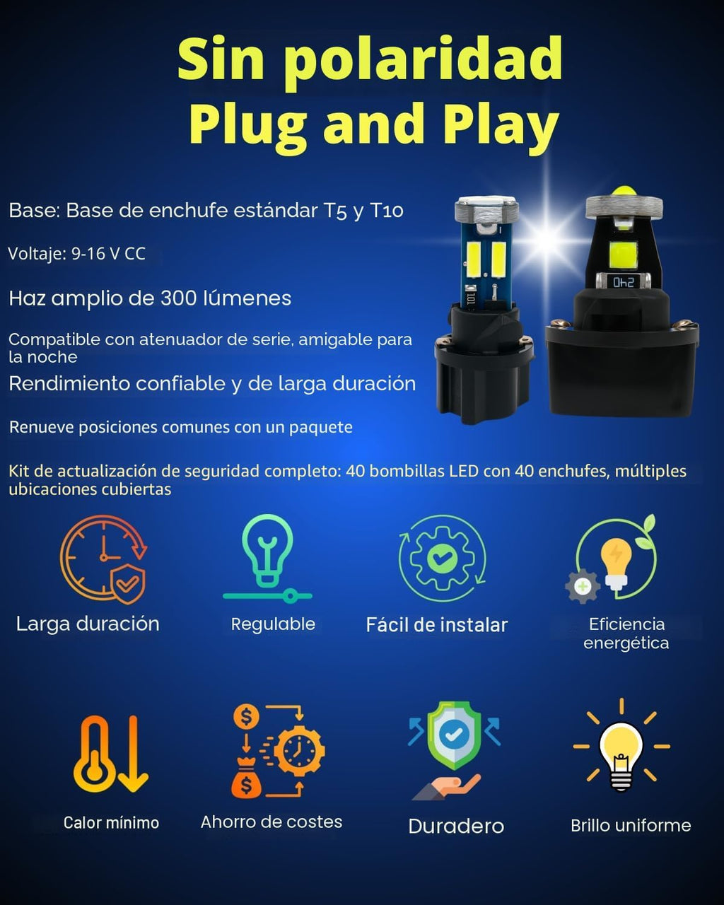 WLJH Paquete de 40 bombillas LED 194 168 T10 T5 con enchufes, sin p...