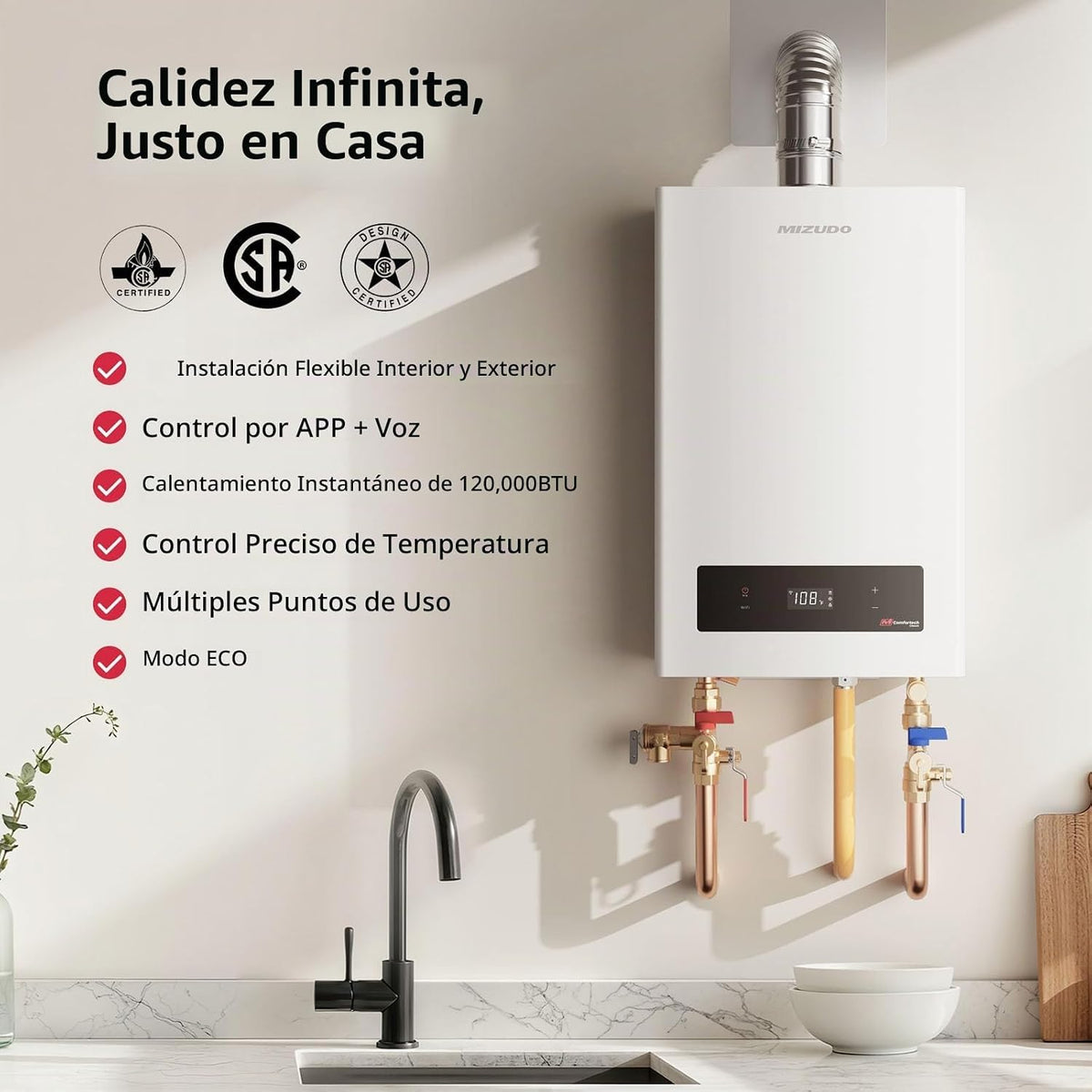 MIZUDO Calentador de agua sin tanque de gas natural de 120,000 BTU,...