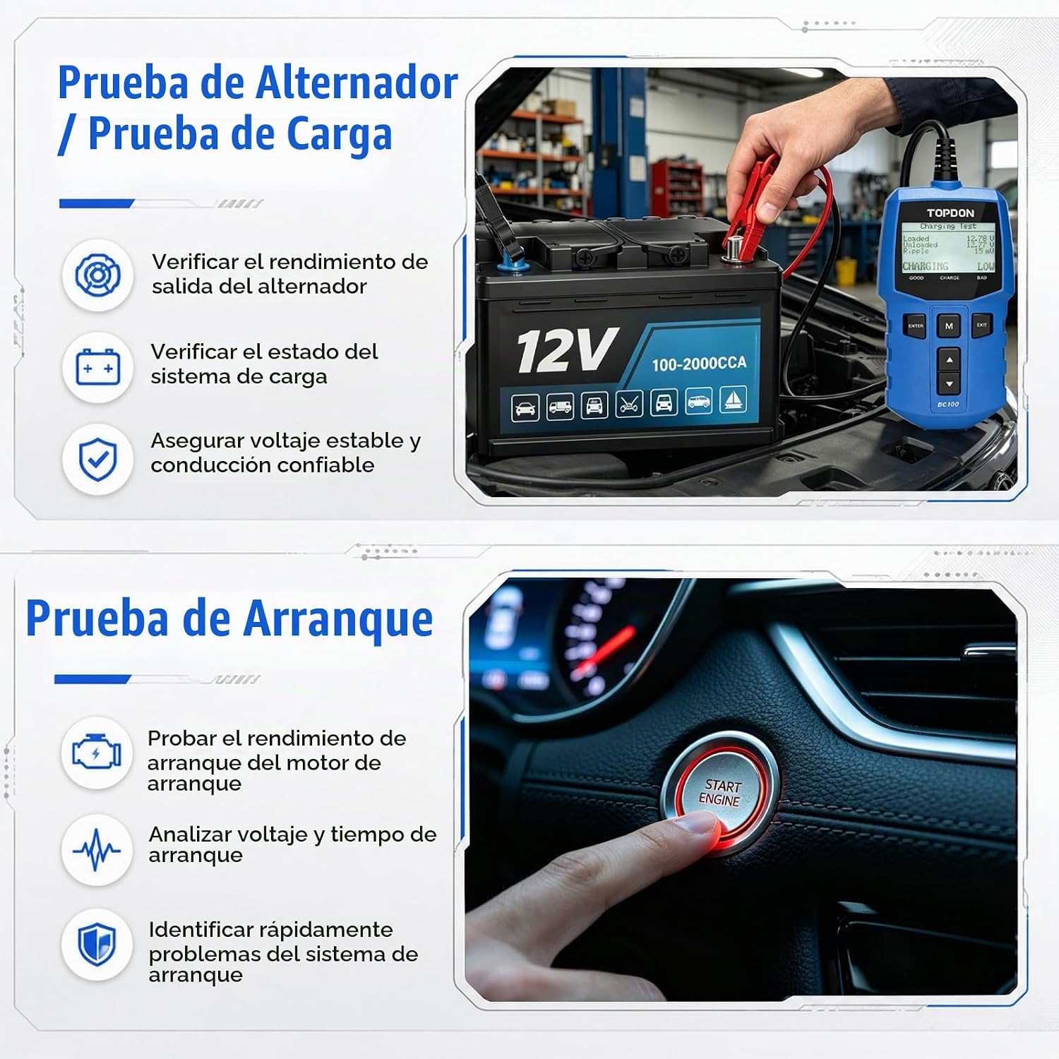 TOPDON BC100 - Probador de batería de automóvil de 12 V, analizador...