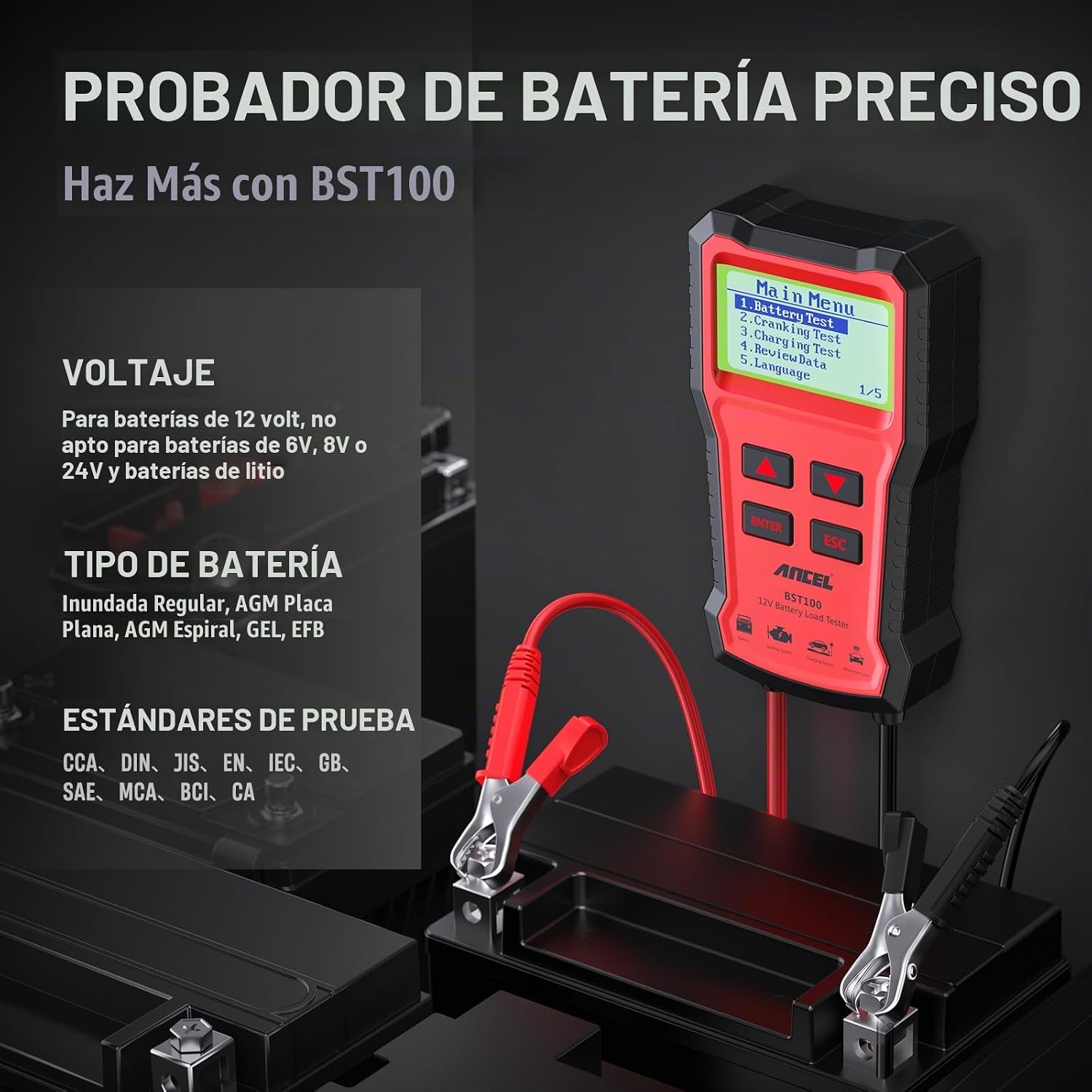 ANCEL BST100 - Probador de batería de coche de 12 V, 100-2000 CCA P...