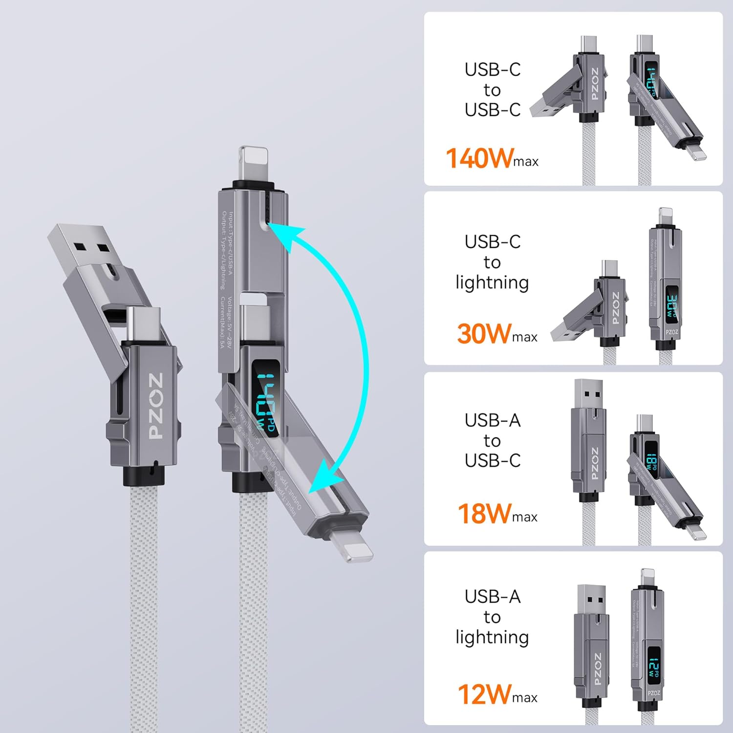 pzoz Cable de carga rápida USB C 4 en 1 con pantalla LED, cargador...