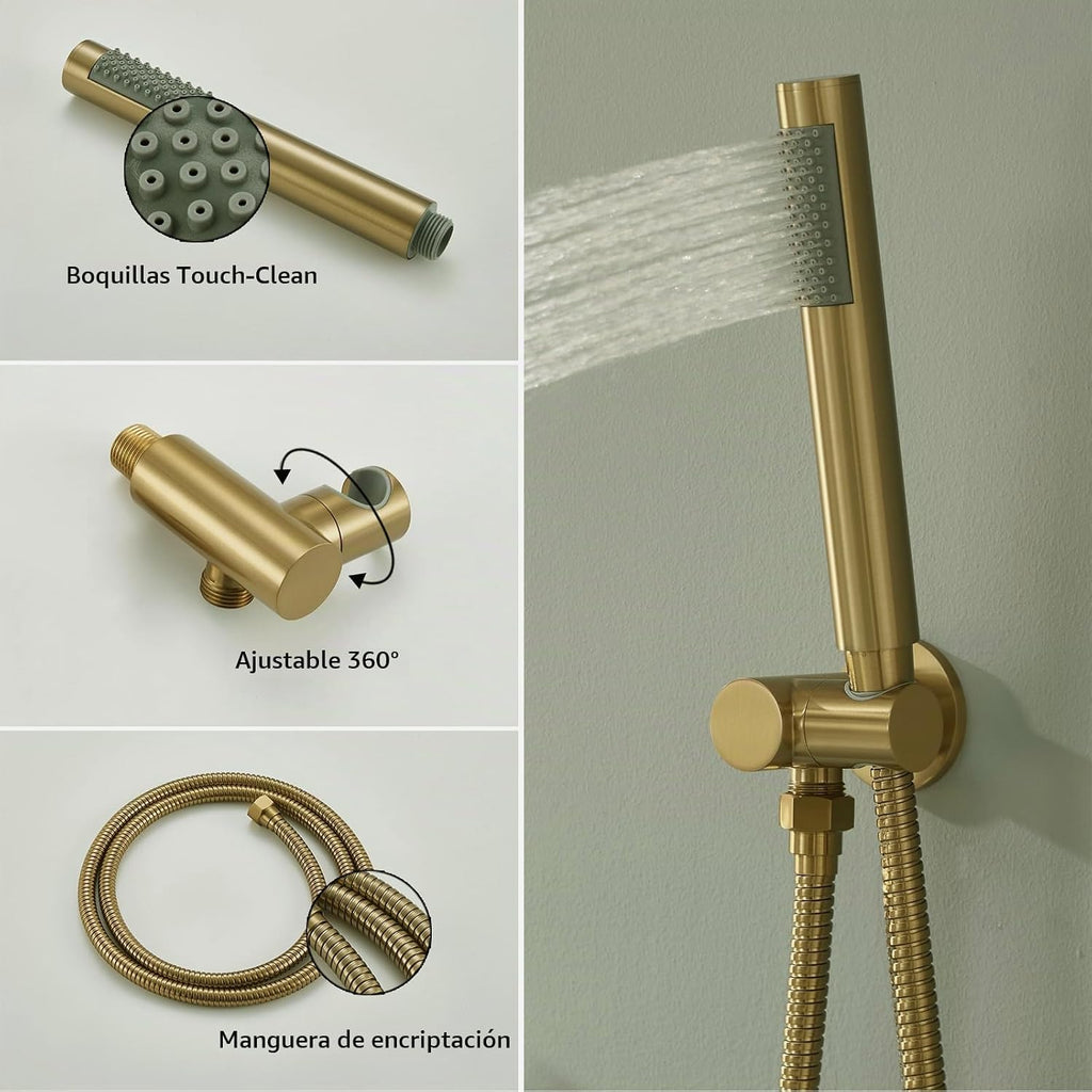 Iriber Sistema de ducha dorado cepillado montado en la pared grifo...