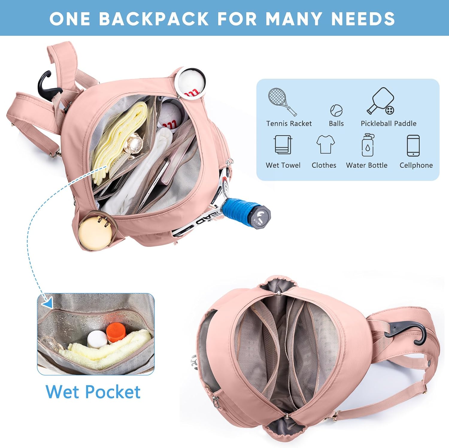 SPORJET Mochila de Tenis con Soporte para 2 Raquetas, Bolsa de Raqu...