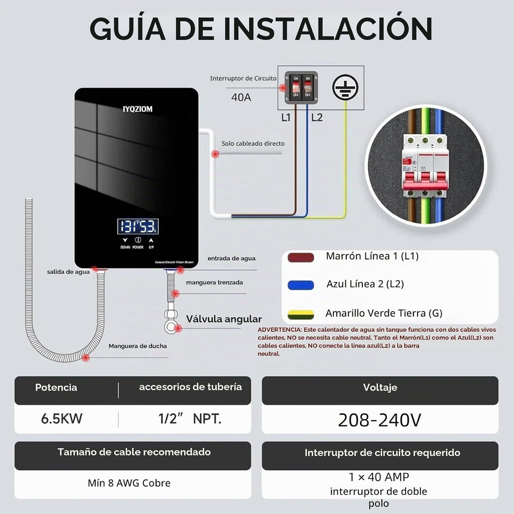 Calentador de agua eléctrico instantáneo de 240 V 6.5 kW. Calentado...