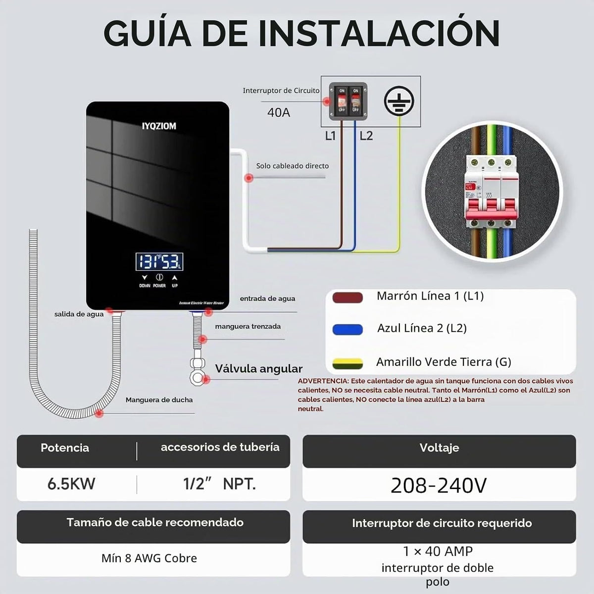 Calentador de agua eléctrico instantáneo de 240 V 6.5 kW. Calentado...