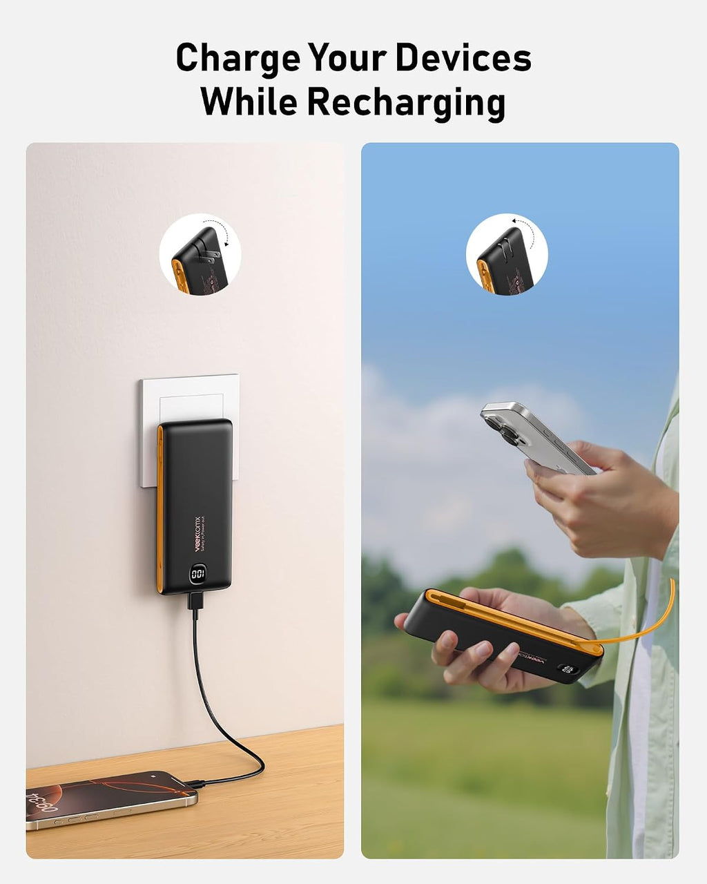 Cargador Portátil Power Bank con Cables Integrados y Enchufe de Par...