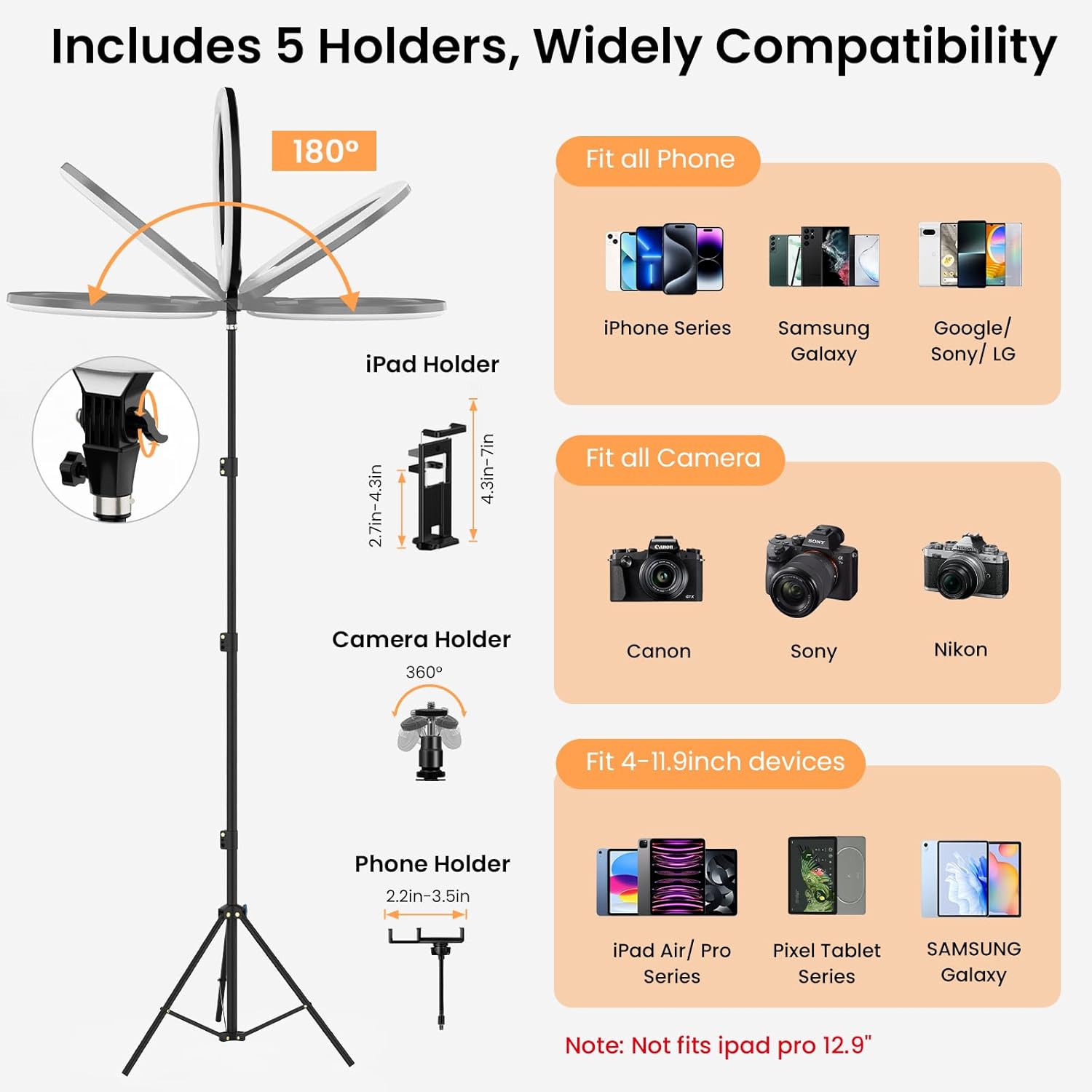 Anillo de luz plegable de 18 pulgadas con soporte para iPhone iPad,...