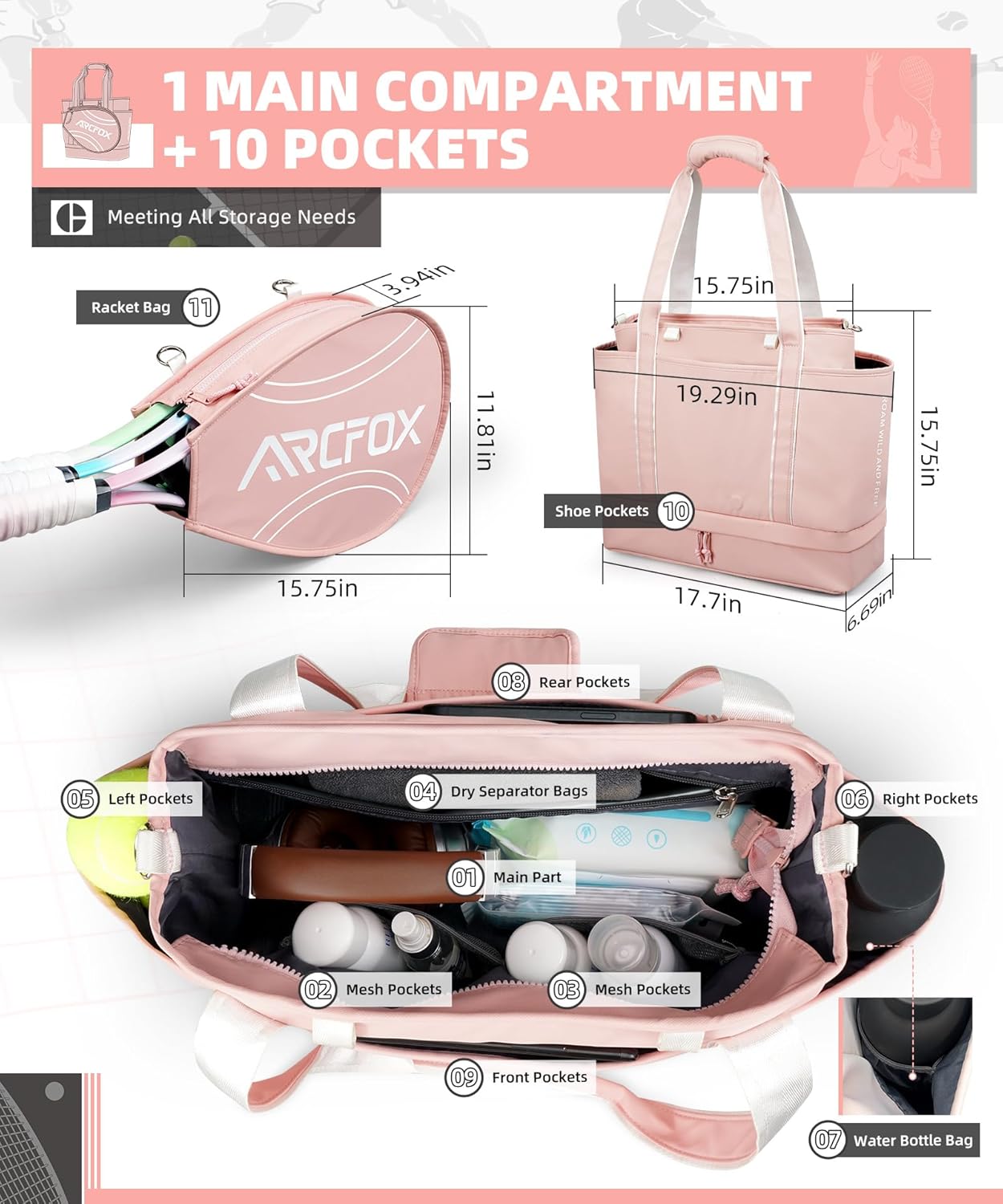 ARCFOX Bolsa de Tenis Tote para Mujer, Bolsas de Tenis Rosa 2 en 1...