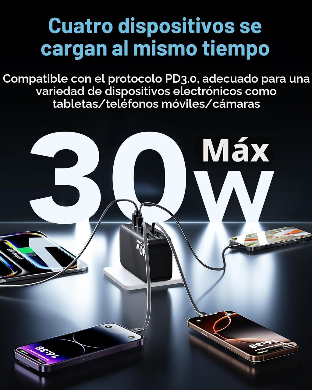 Cargador de pared retráctil 4 en 1 para iPhone 17 USB C, multipuert...