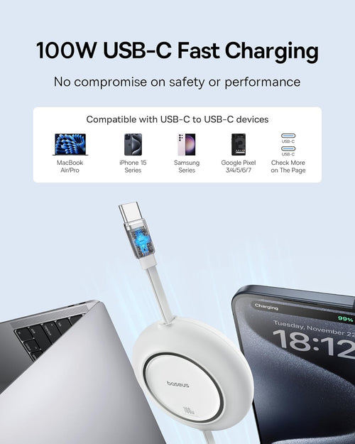 Baseus Cable USB C a USB C, cable de carga rápida USB C retráctil d...