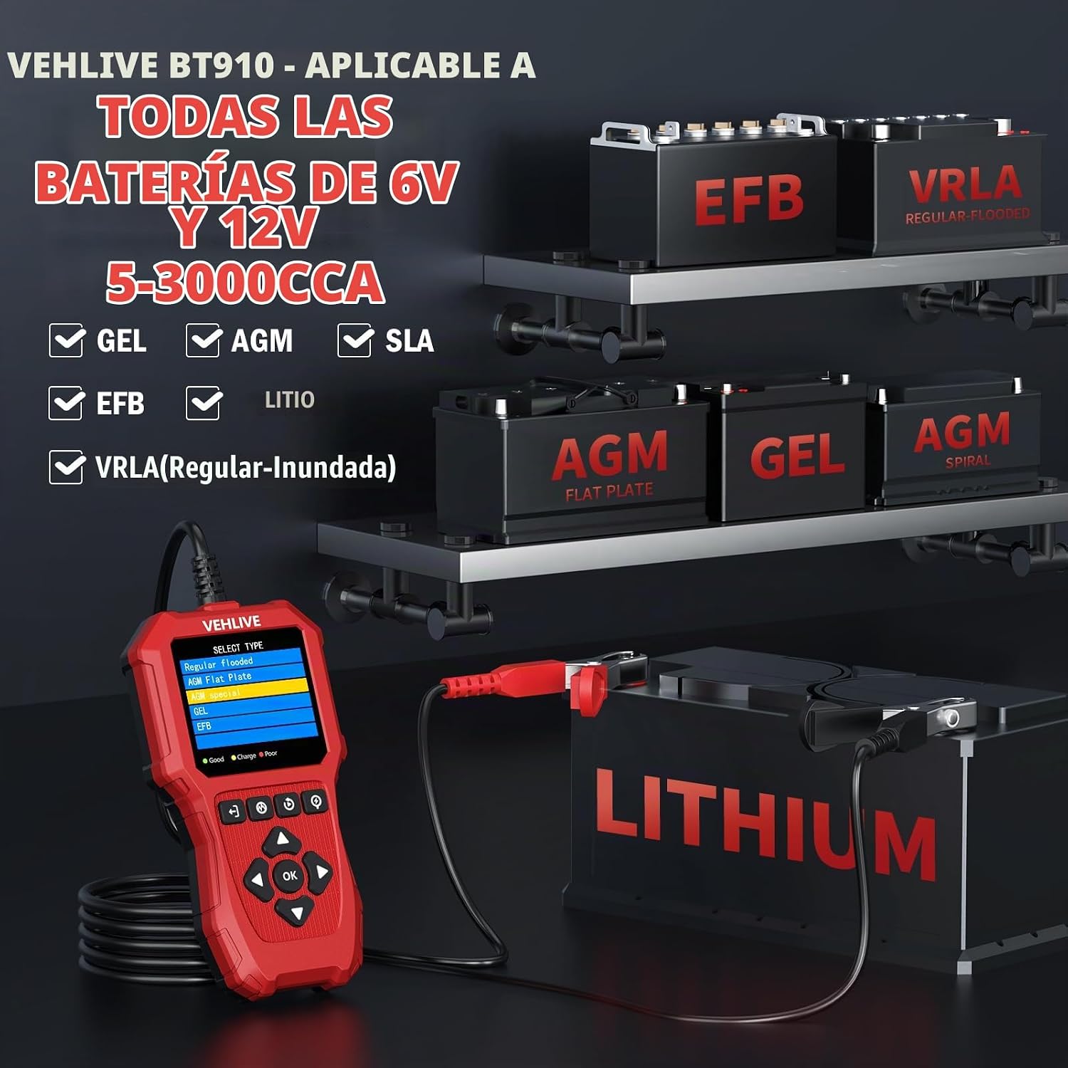 VEHLIVE BT910 5-3000CCA - Probador de batería de automóvil, 6 V 12...