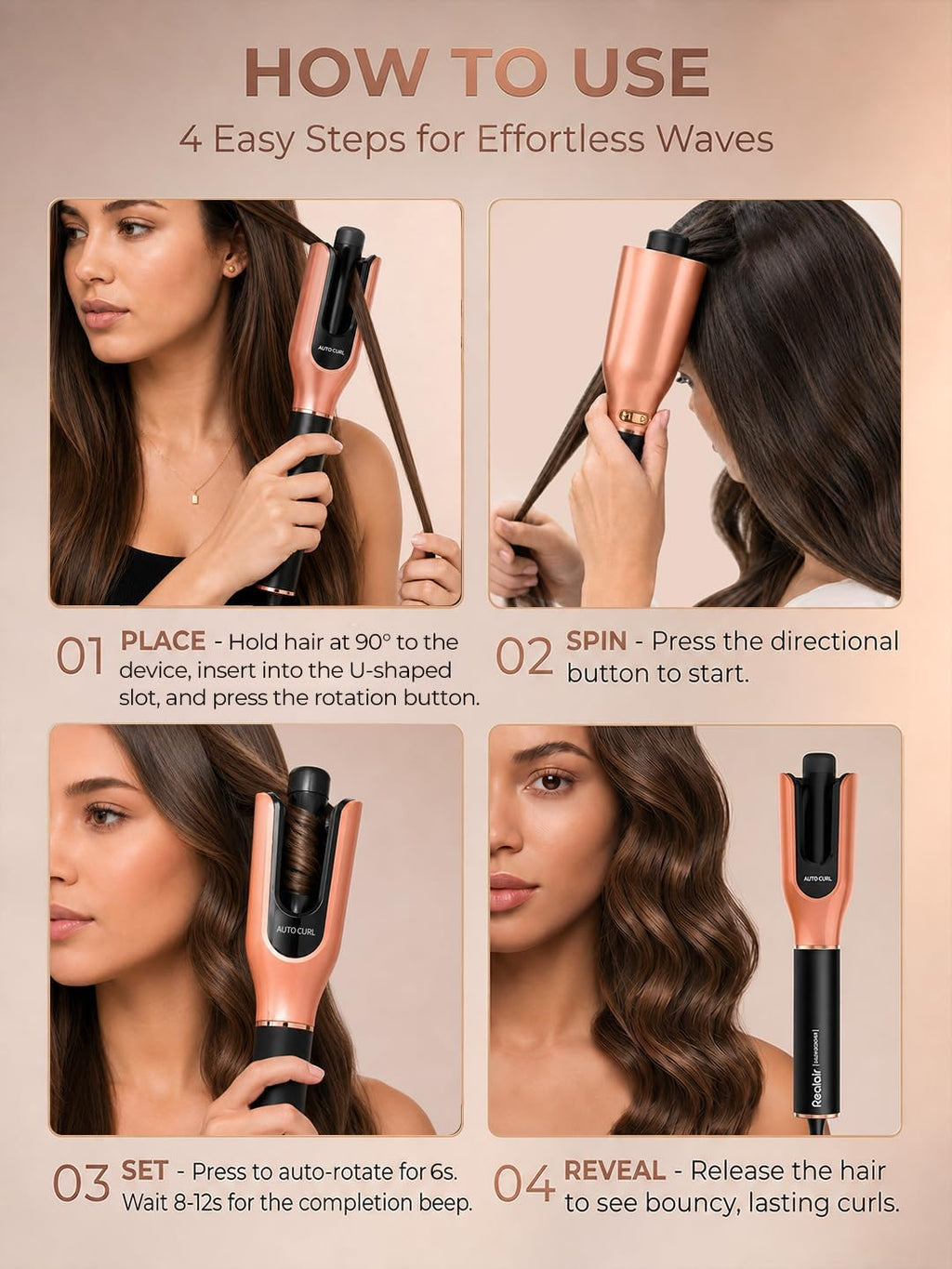 Realair Rizador giratorio automático, rizador automático de pelo de...