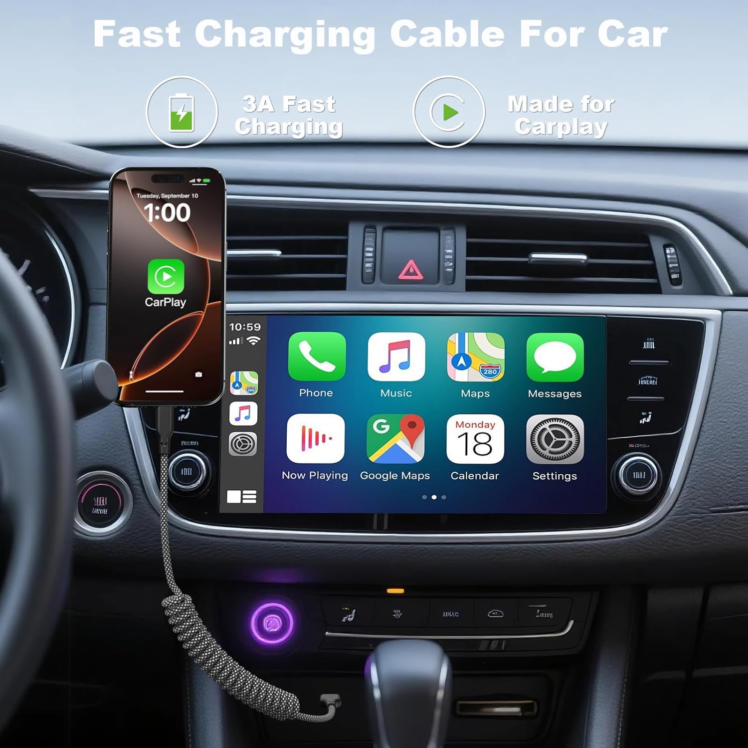 Eettvekd Cargador de Coche Carplay Enrollado de Carga Rápida, [Paqu...