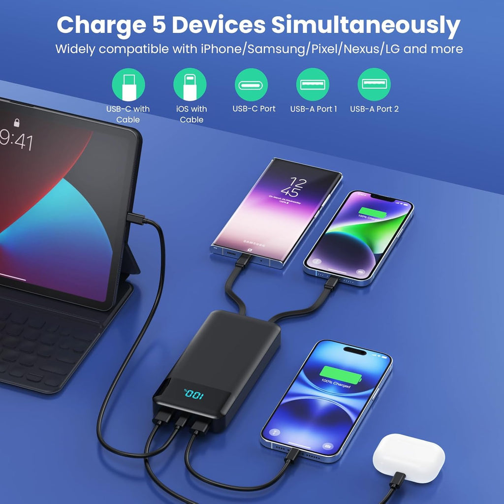 Cargador portátil de 50800 mAh con 3 cables integrados, 25 W PD car...