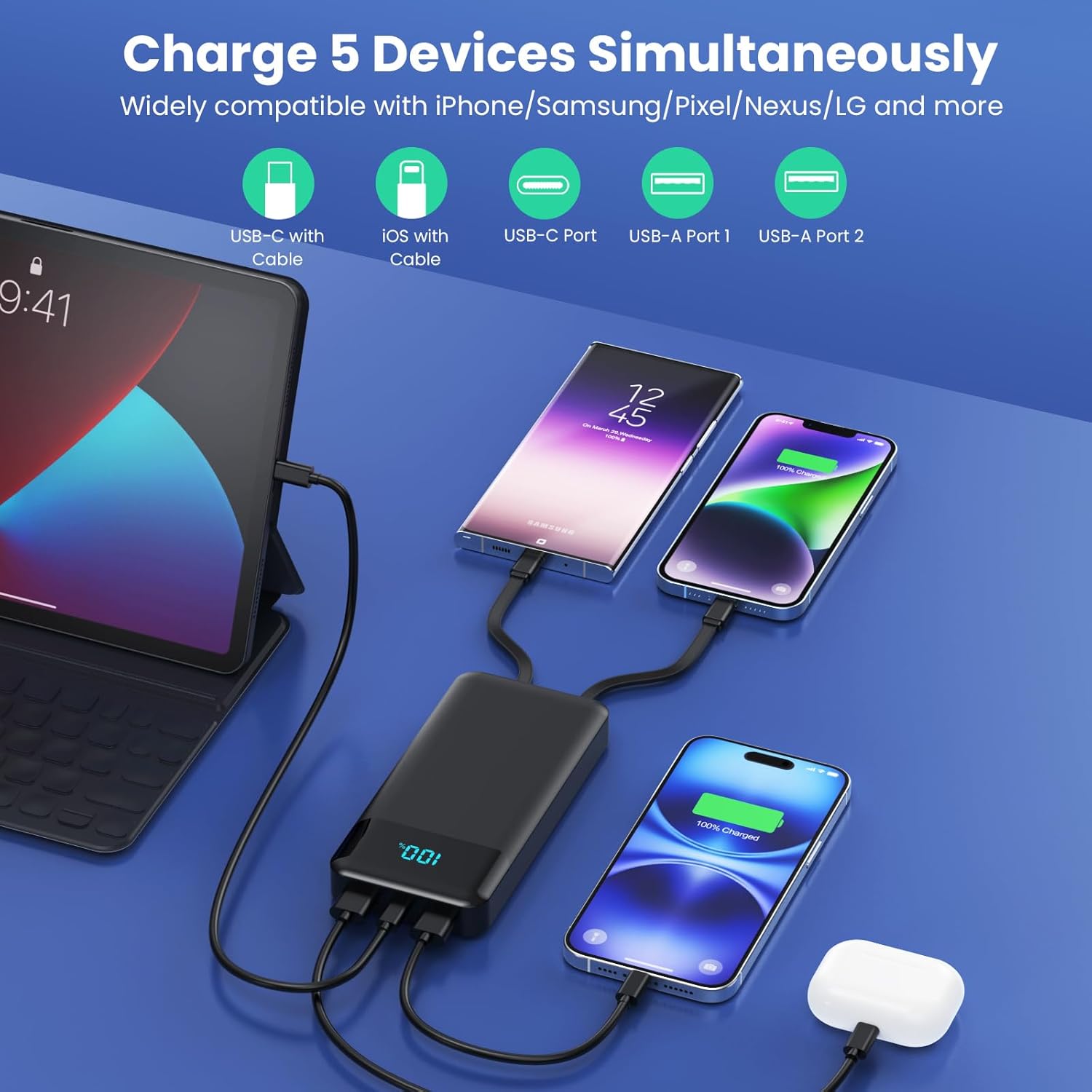 Cargador portátil de 50800 mAh con 3 cables integrados, 25 W PD car...