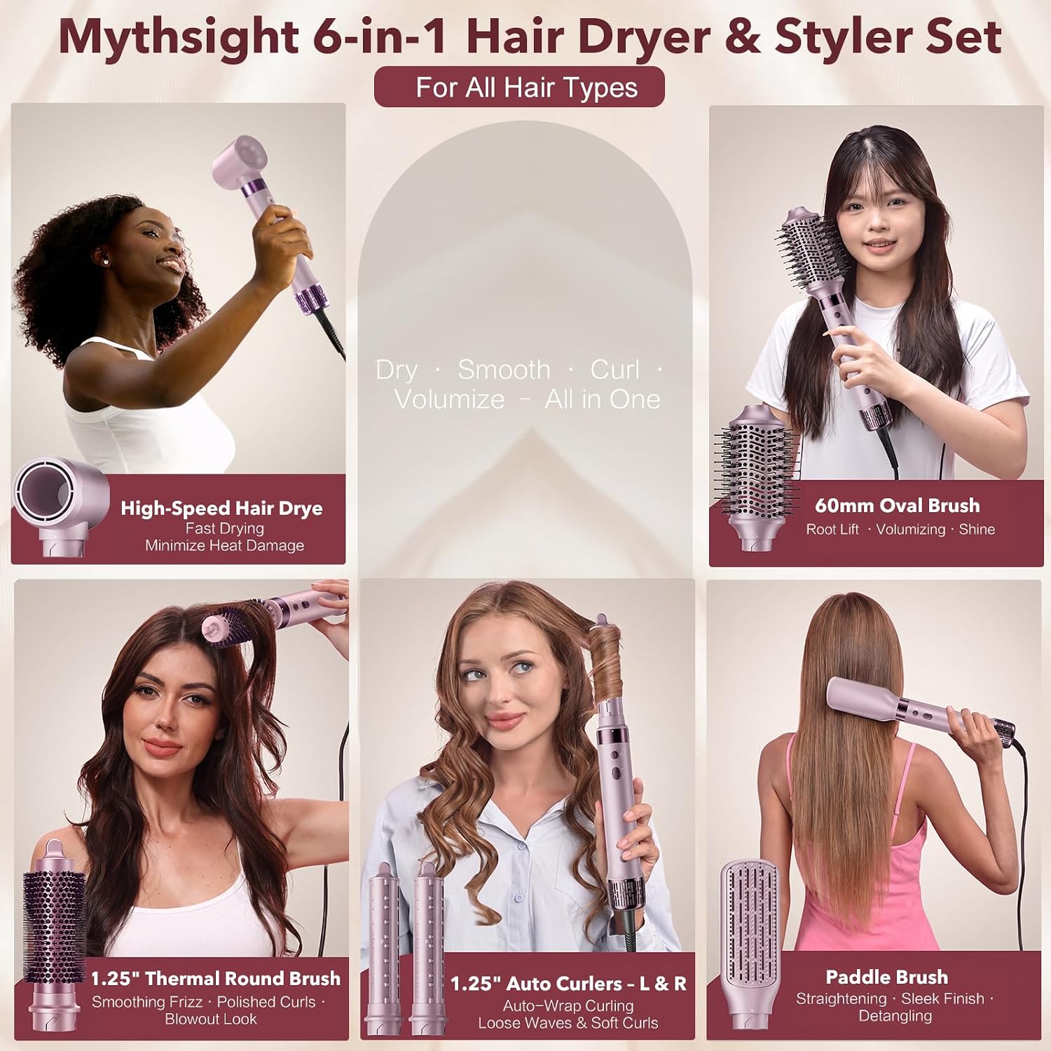 Mythsight StyleVibe 6-en-1 estilista de aire, secador de pelo y cep...
