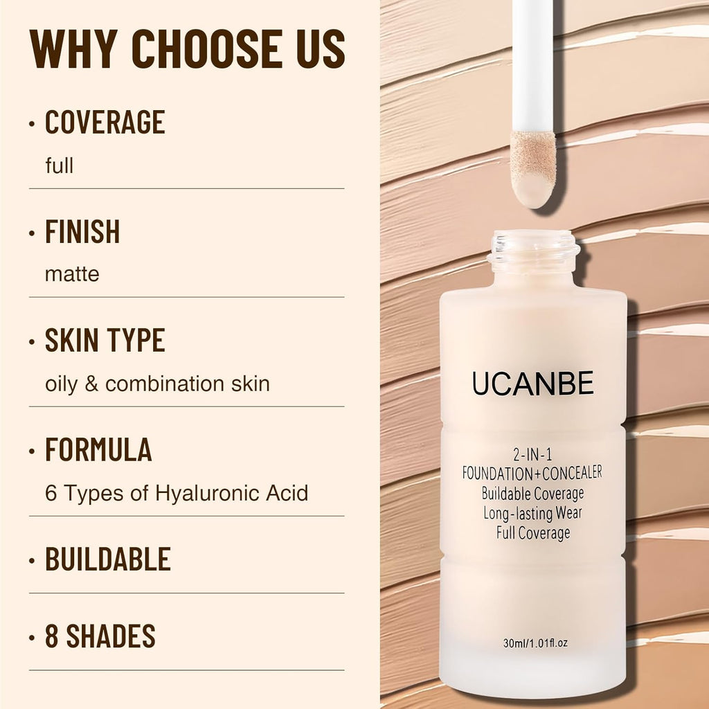 UCANBE Base líquida y corrector 2 en 1, base de maquillaje de cober...